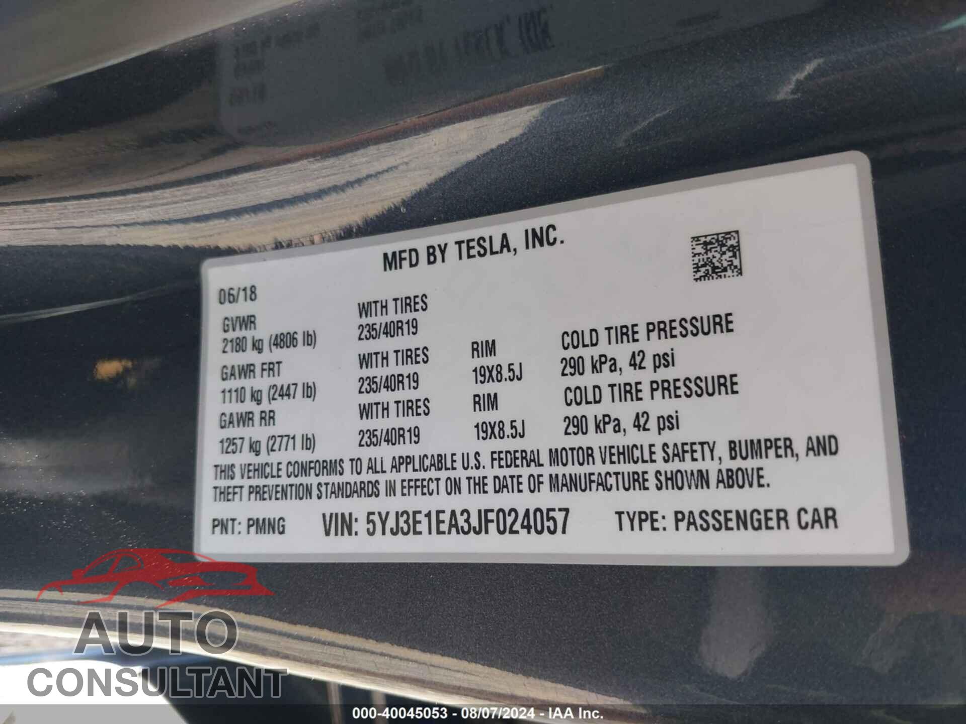 TESLA MODEL 3 2018 - 5YJ3E1EA3JF024057