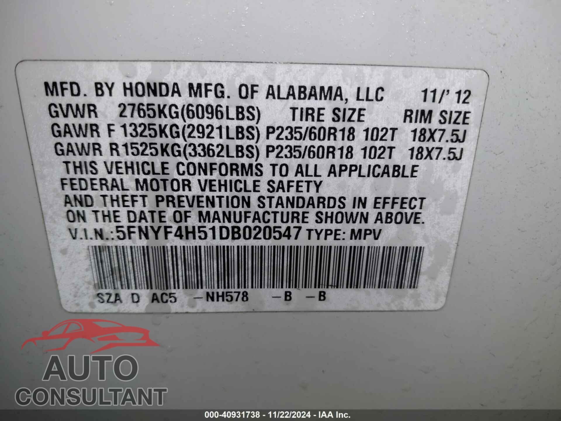HONDA PILOT 2013 - 5FNYF4H51DB020547