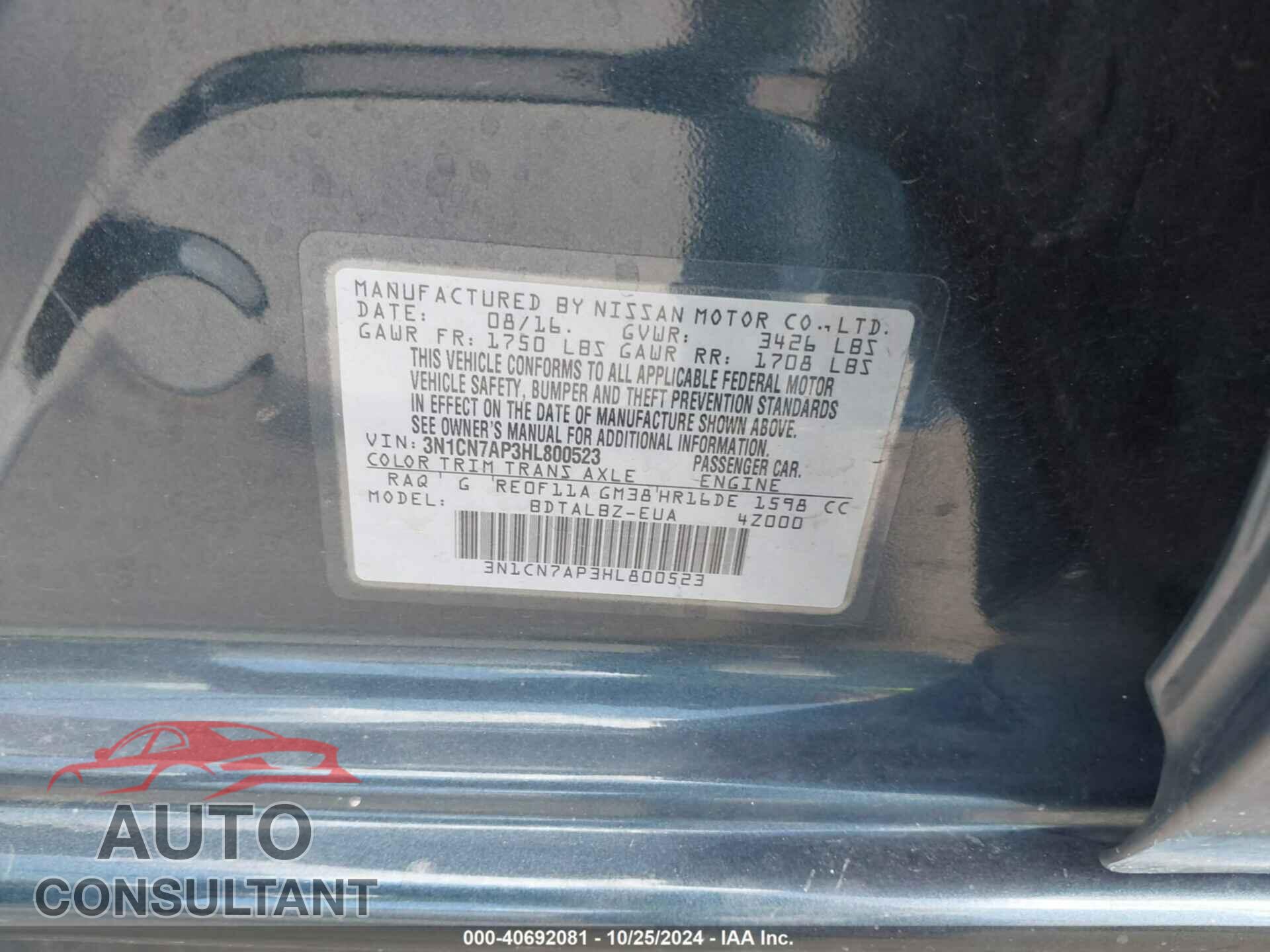 NISSAN VERSA 2017 - 3N1CN7AP3HL800523