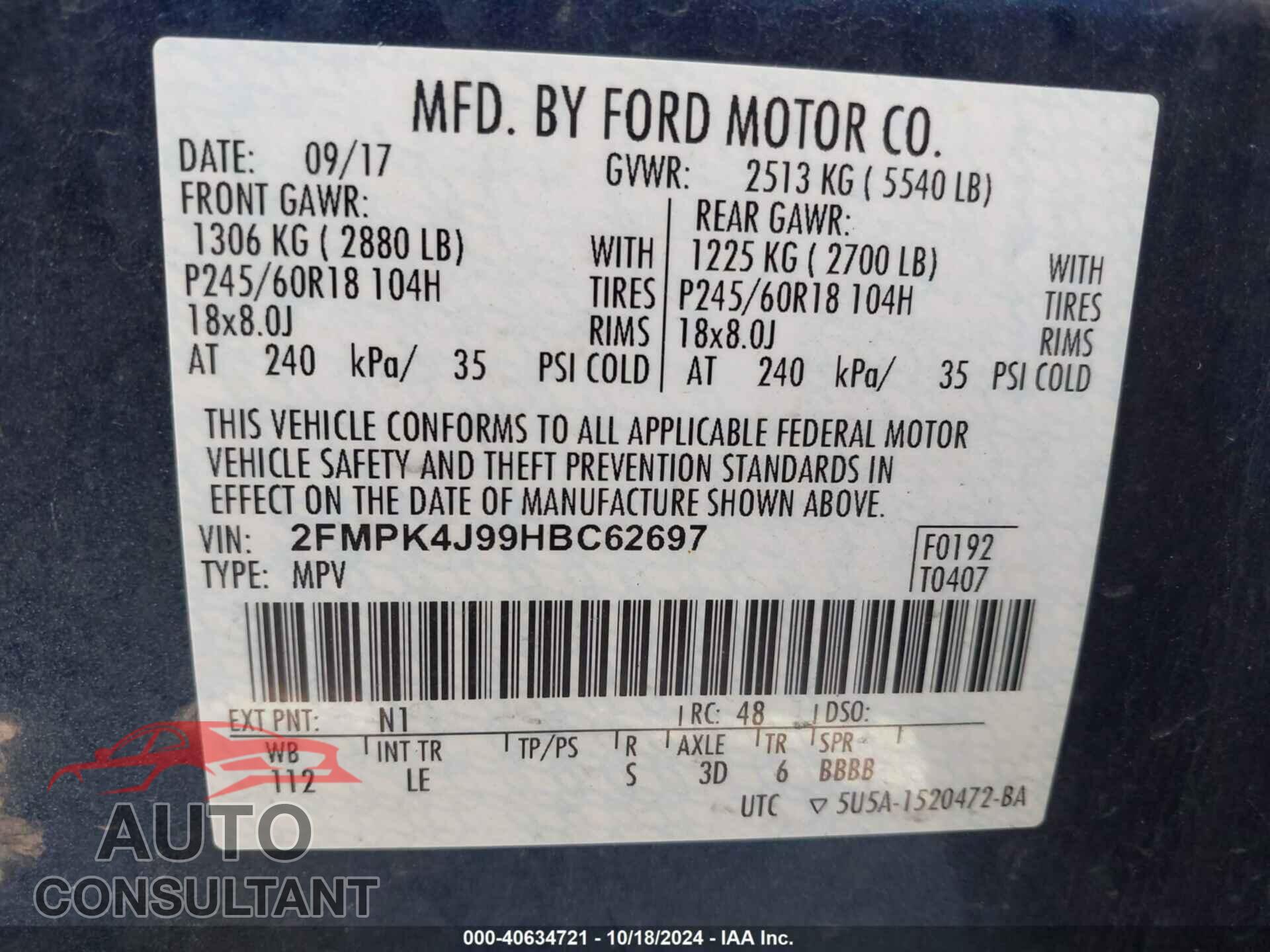 FORD EDGE 2017 - 2FMPK4J99HBC62697