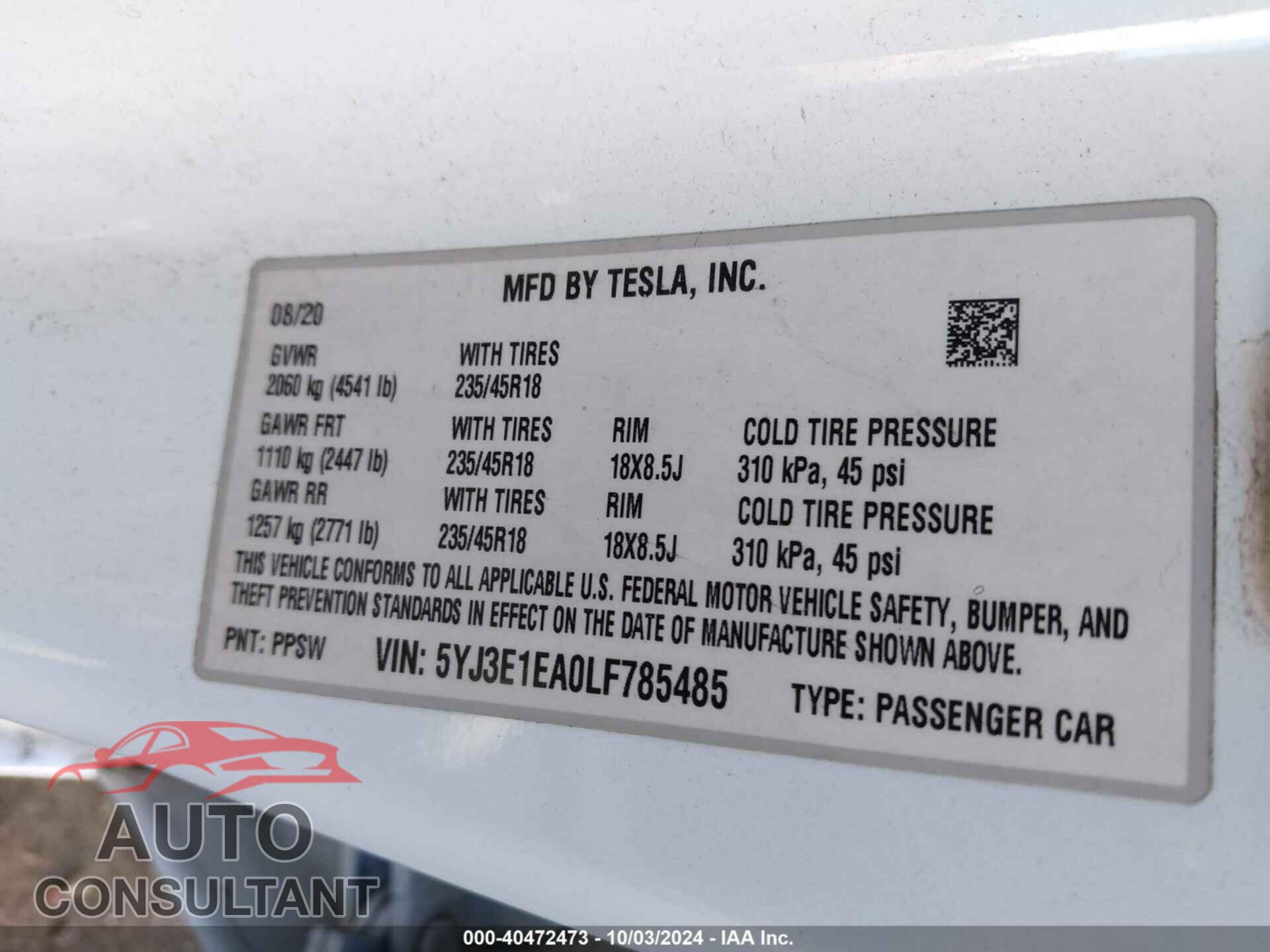 TESLA MODEL 3 2020 - 5YJ3E1EA0LF785485