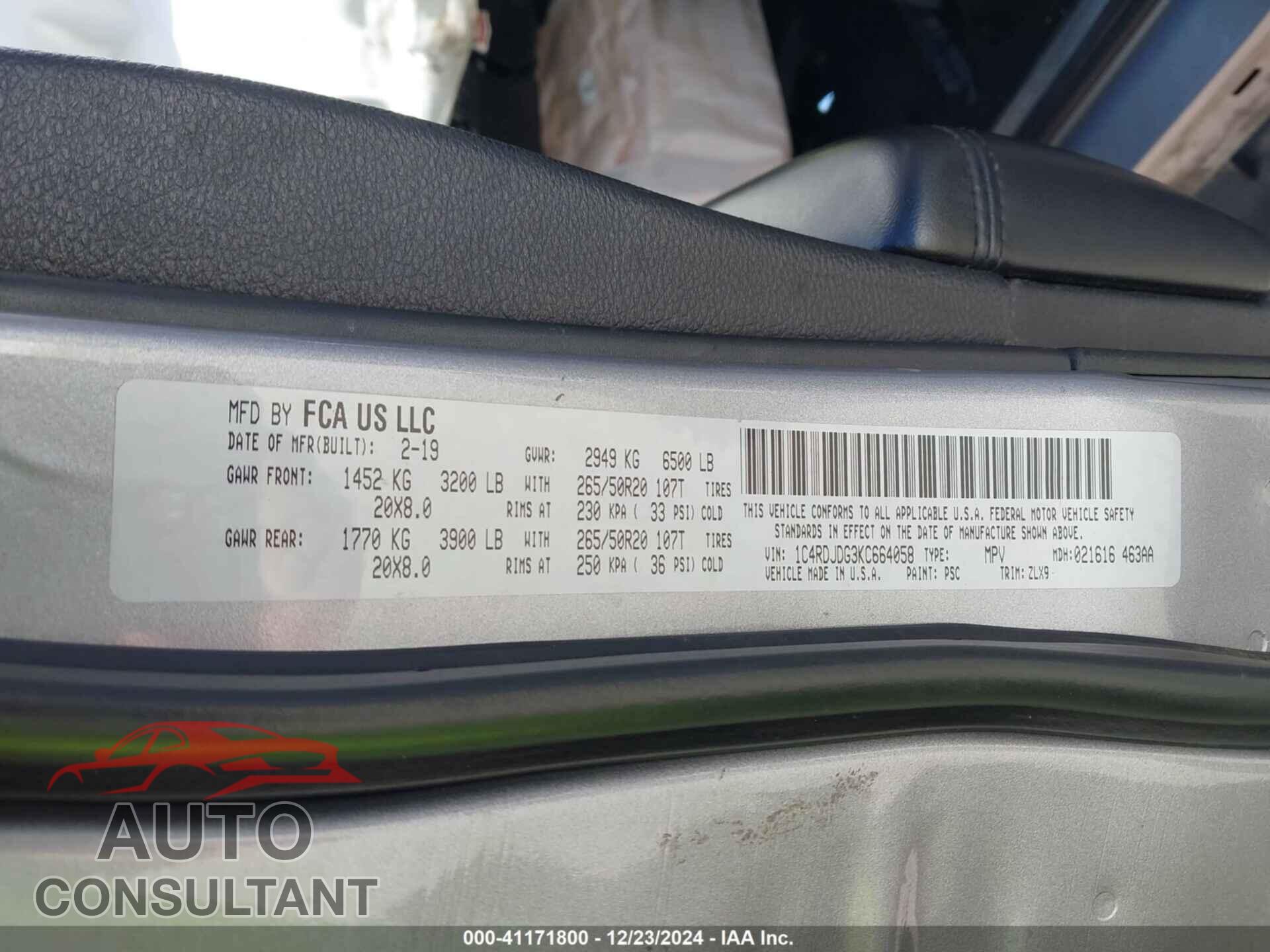 DODGE DURANGO 2019 - 1C4RDJDG3KC664058