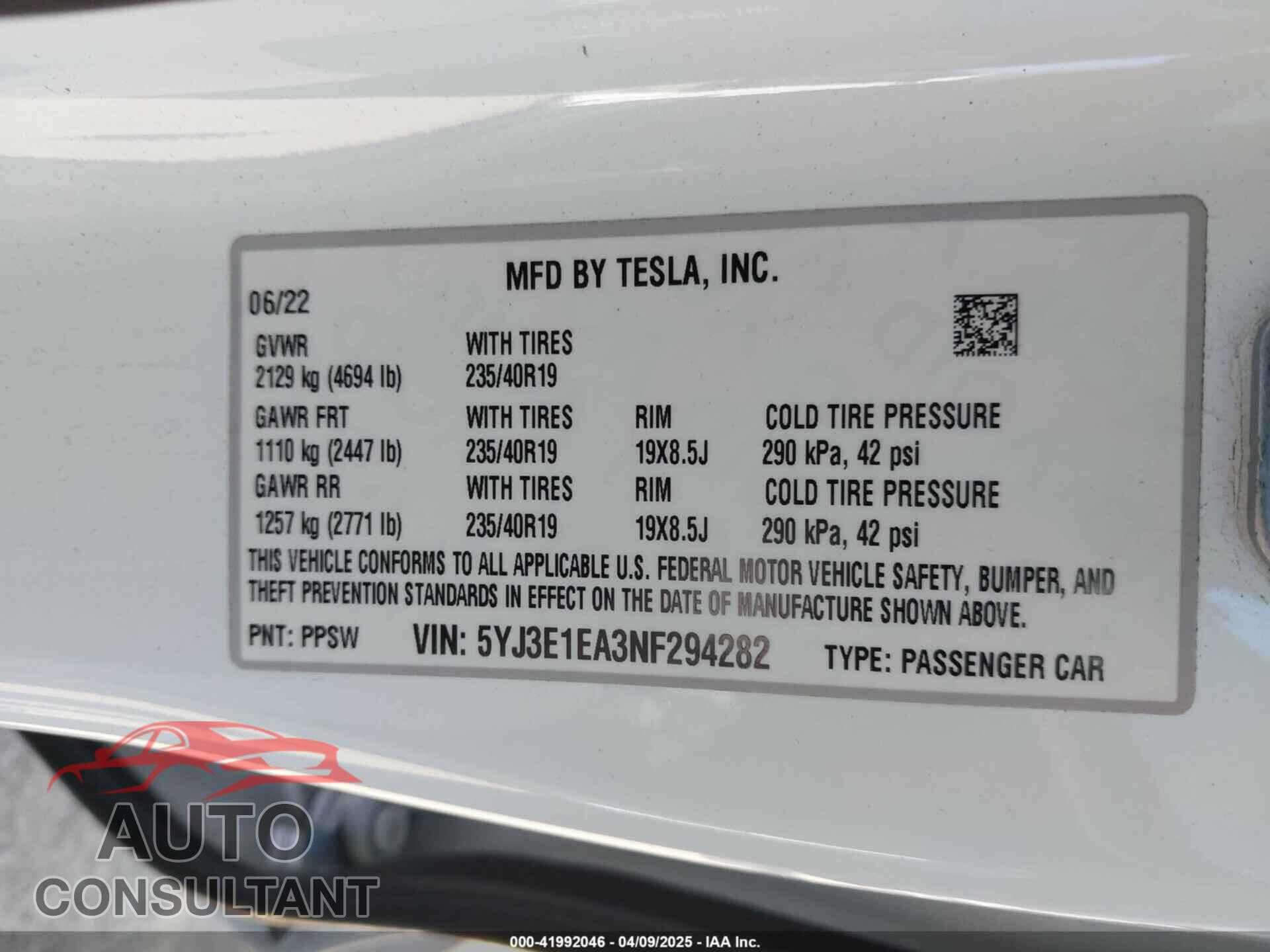 TESLA MODEL 3 2022 - 5YJ3E1EA3NF294282