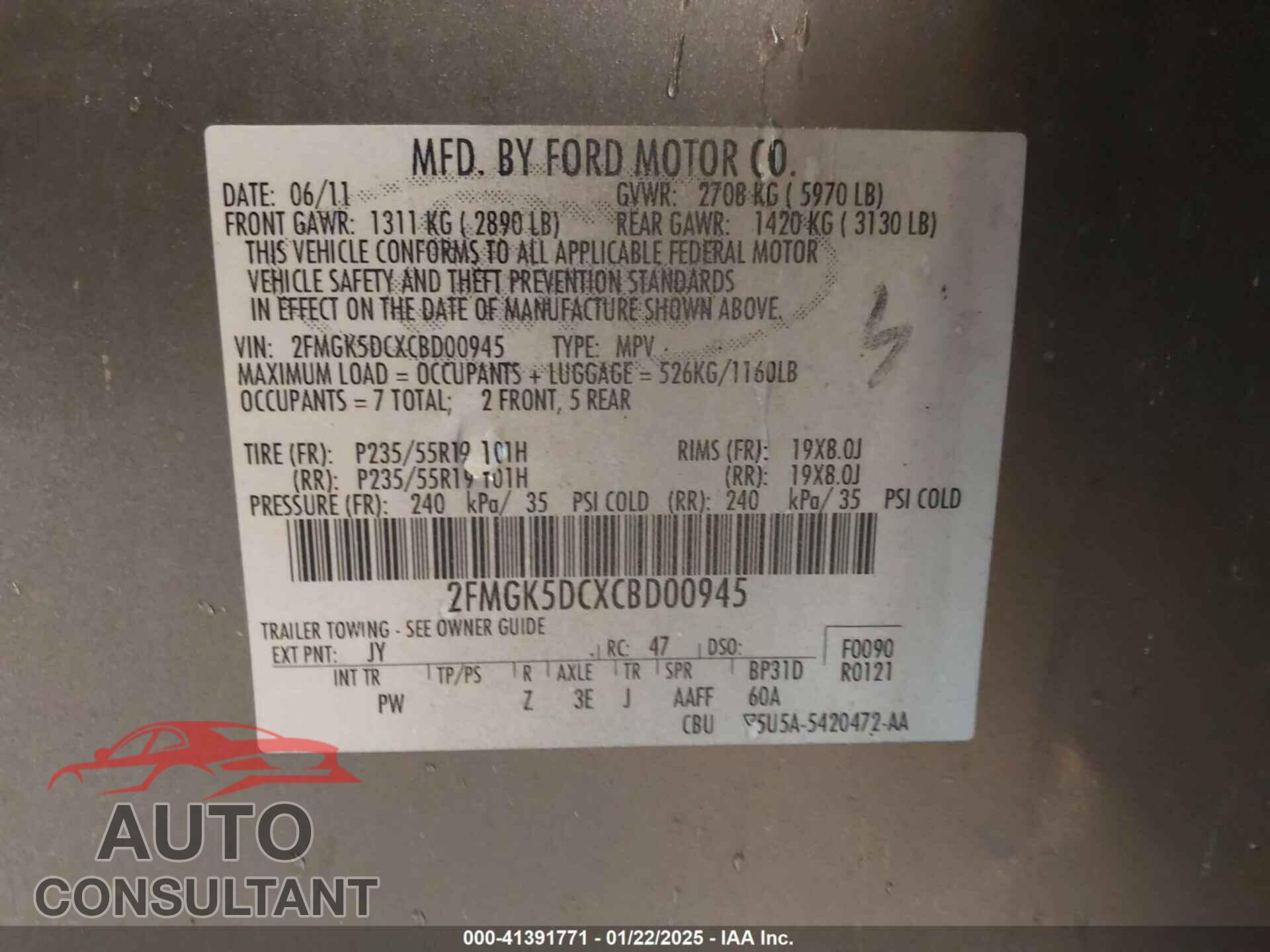 FORD FLEX 2012 - 2FMGK5DCXCBD00945