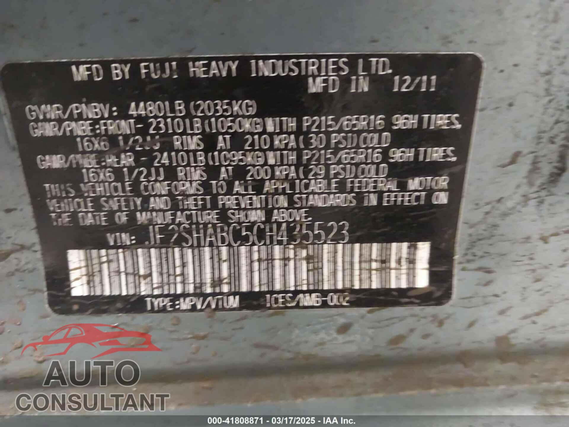 SUBARU FORESTER 2012 - JF2SHABC5CH435523