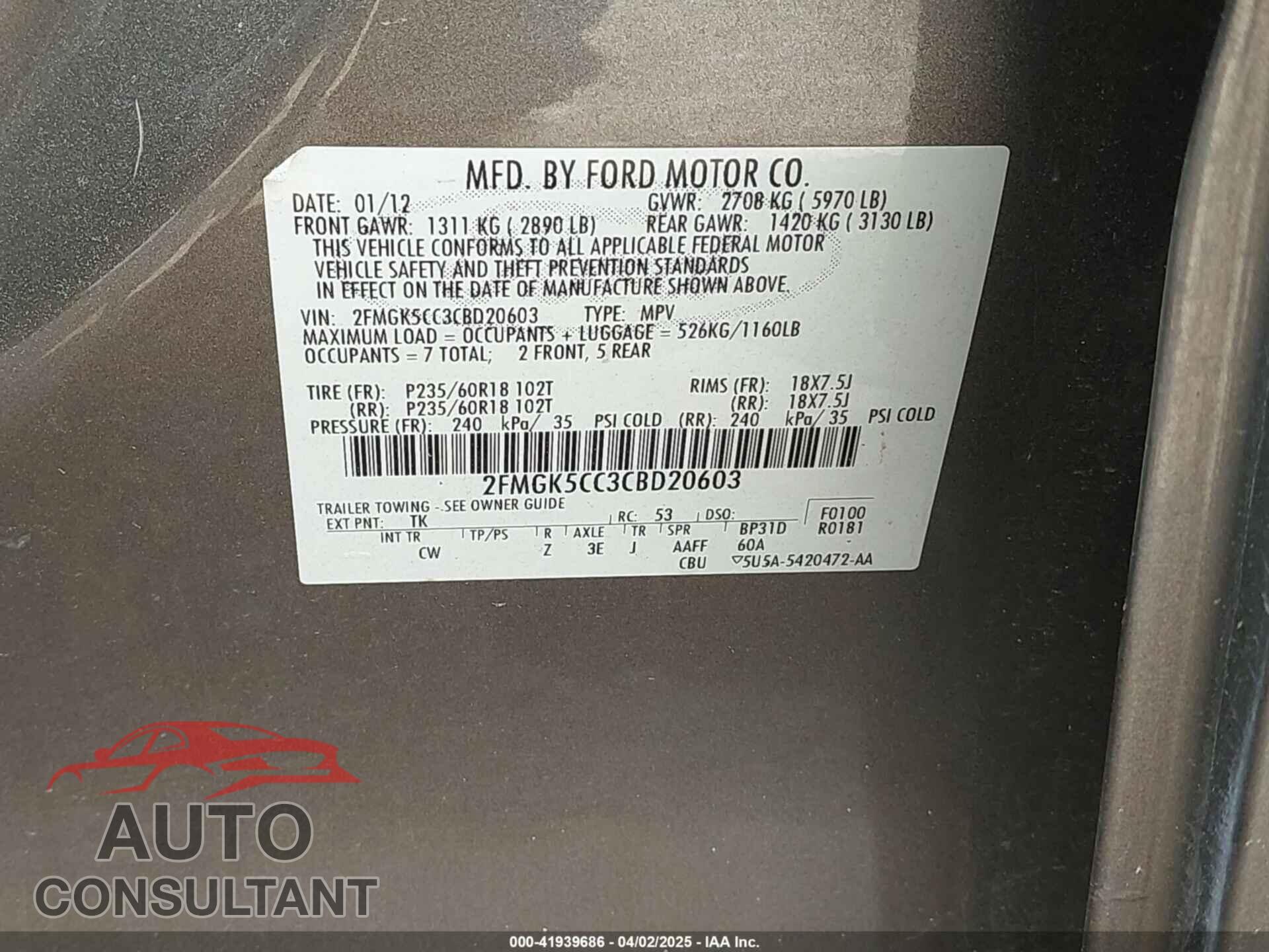 FORD FLEX 2012 - 2FMGK5CC3CBD20603