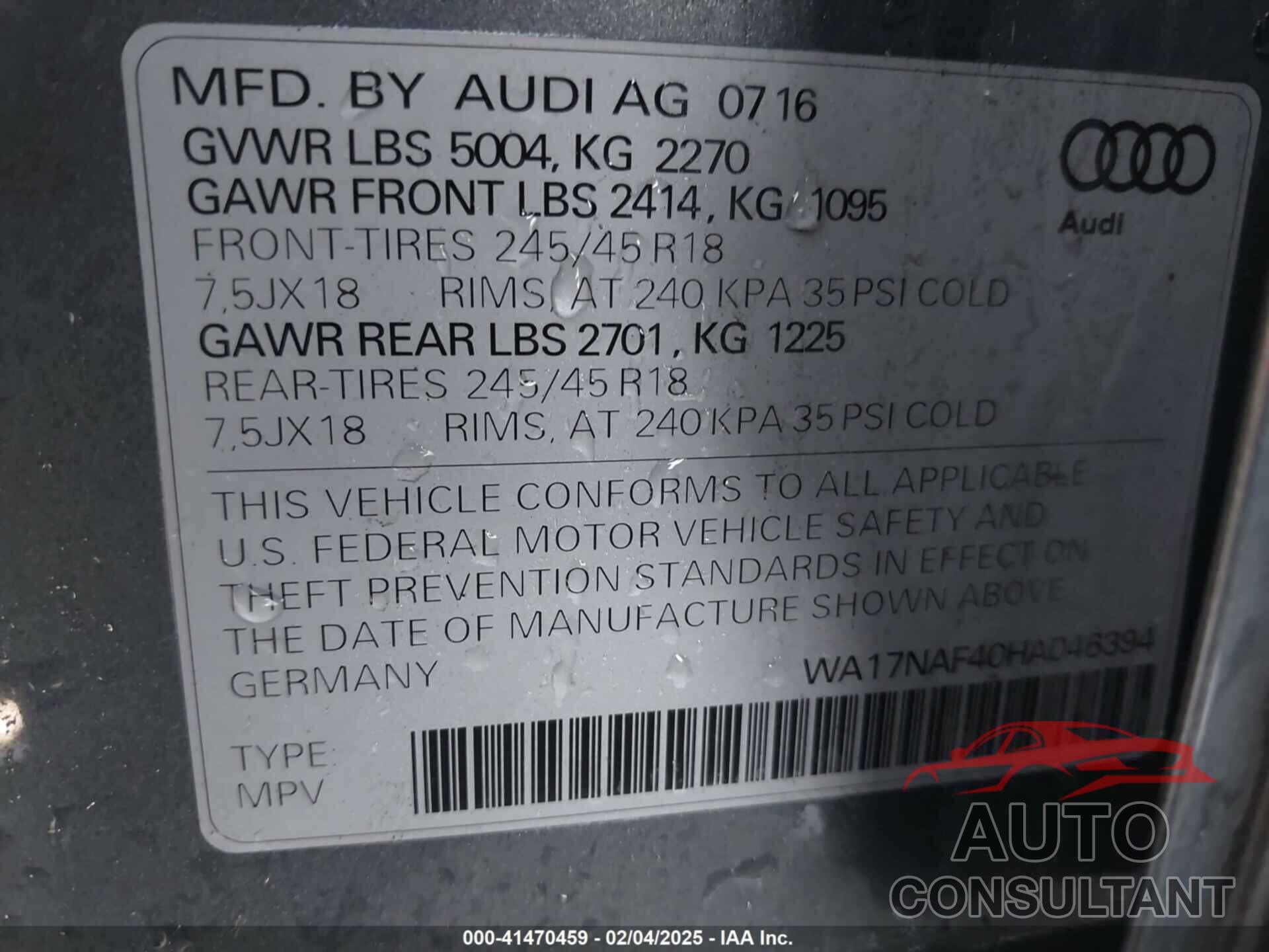 AUDI A4 ALLROAD 2017 - WA17NAF40HA046394