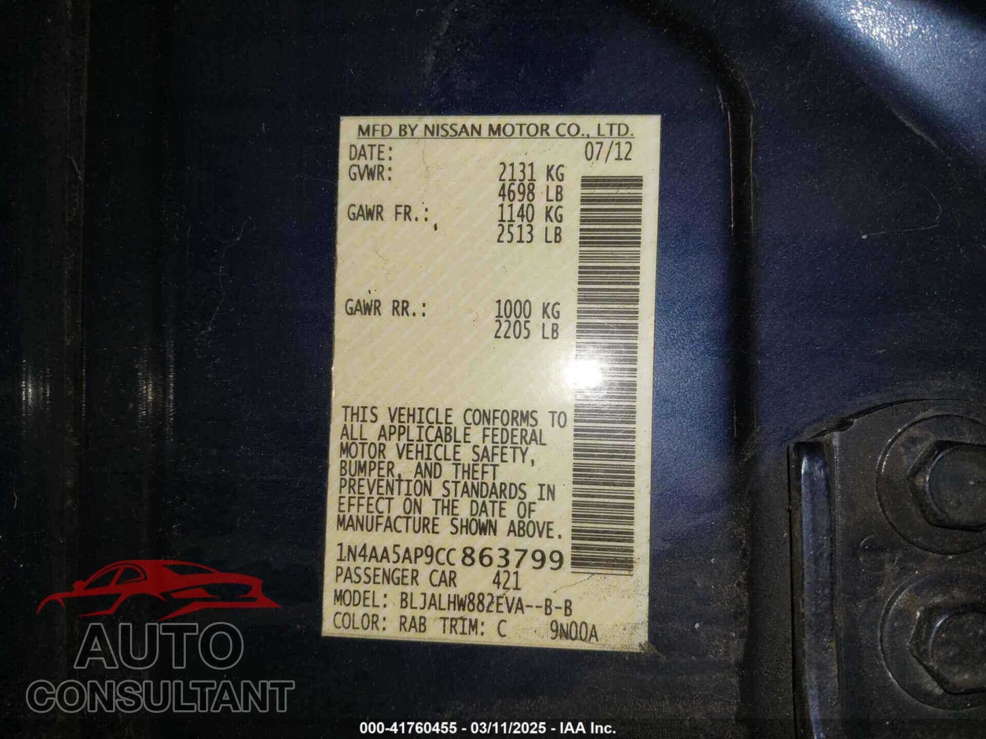 NISSAN MAXIMA 2012 - 1N4AA5AP9CC863799