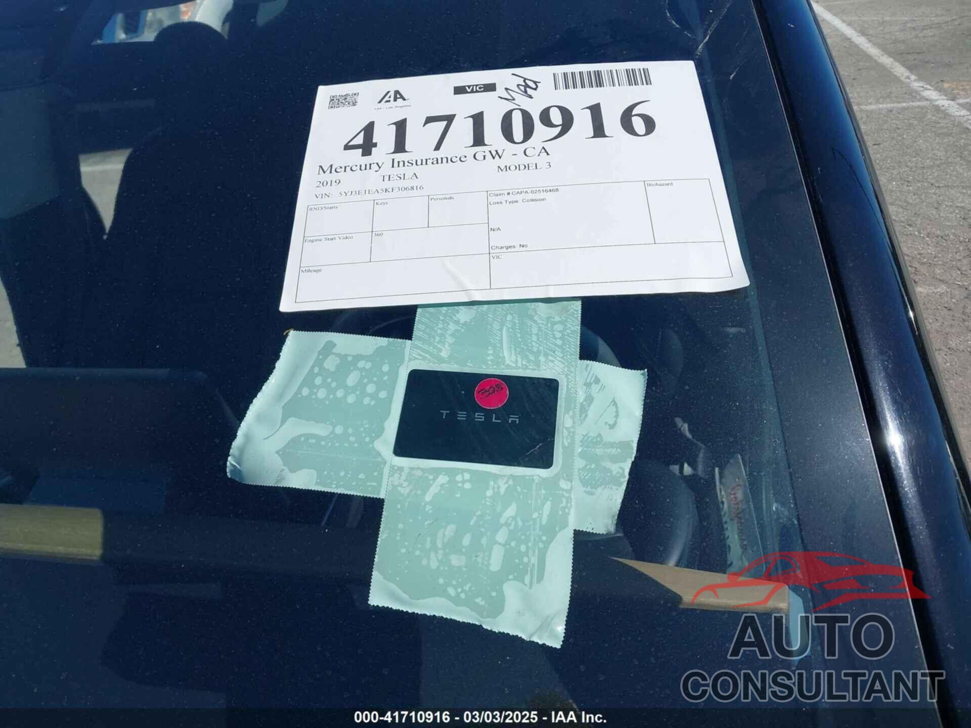 TESLA MODEL 3 2019 - 5YJ3E1EA5KF306816
