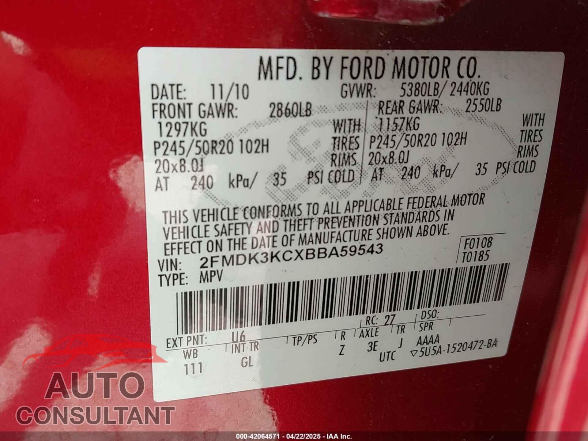FORD EDGE 2011 - 2FMDK3KCXBBA59543