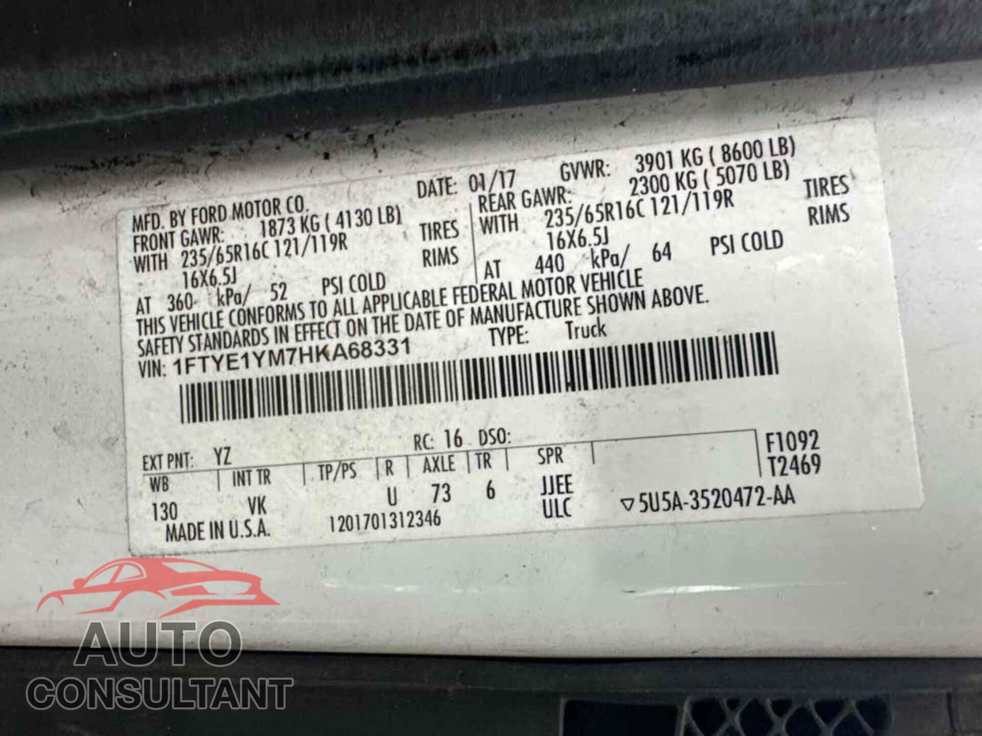 FORD TRANSIT 2017 - 1FTYE1YM7HKA68331