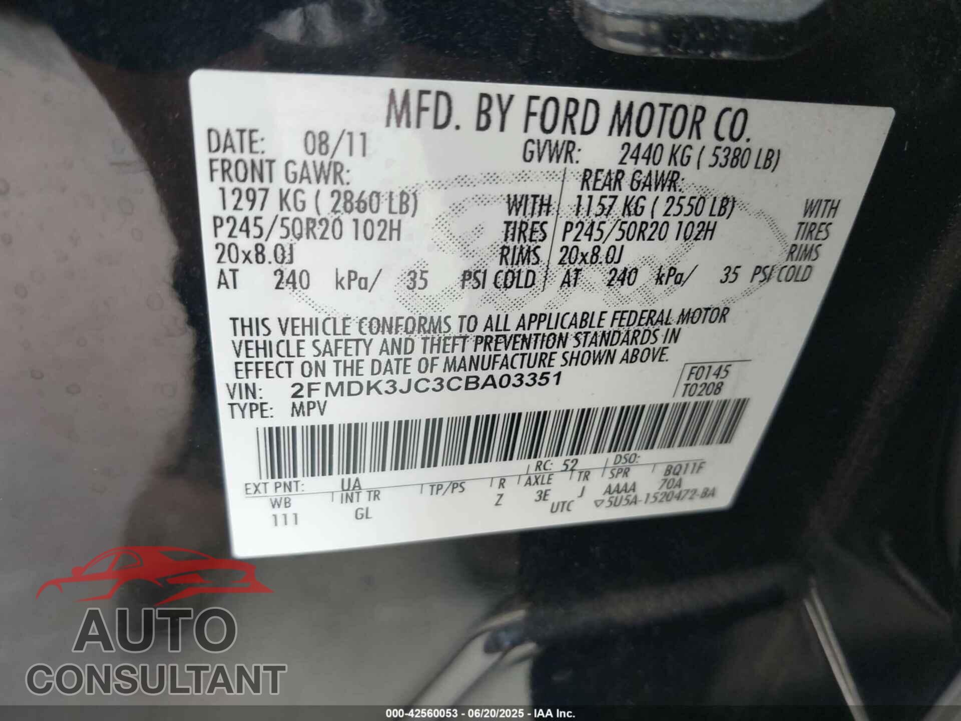 FORD EDGE 2012 - 2FMDK3JC3CBA03351