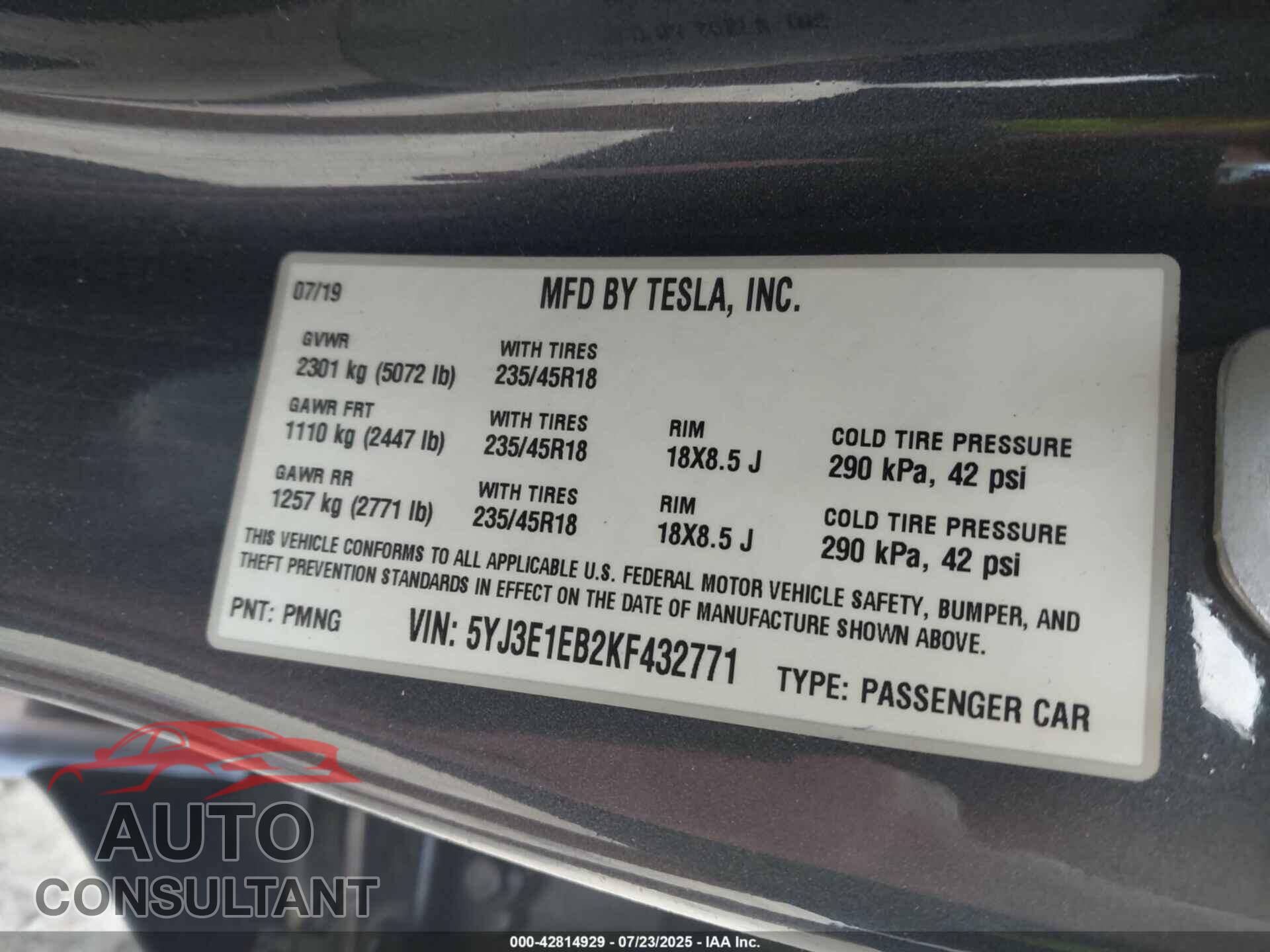 TESLA MODEL 3 2019 - 5YJ3E1EB2KF432771
