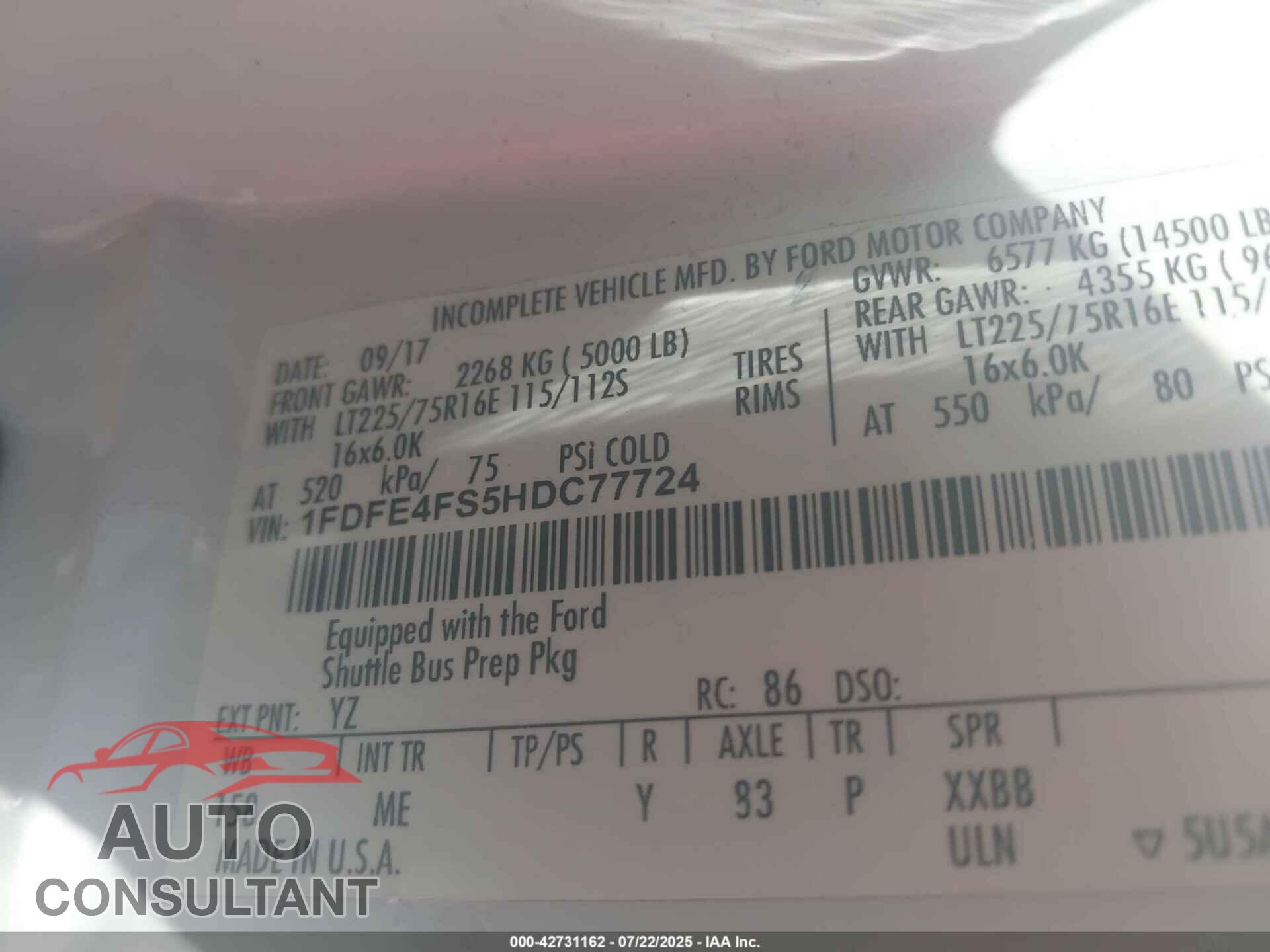 FORD E-450 CUTAWAY 2017 - 1FDFE4FS5HDC77724