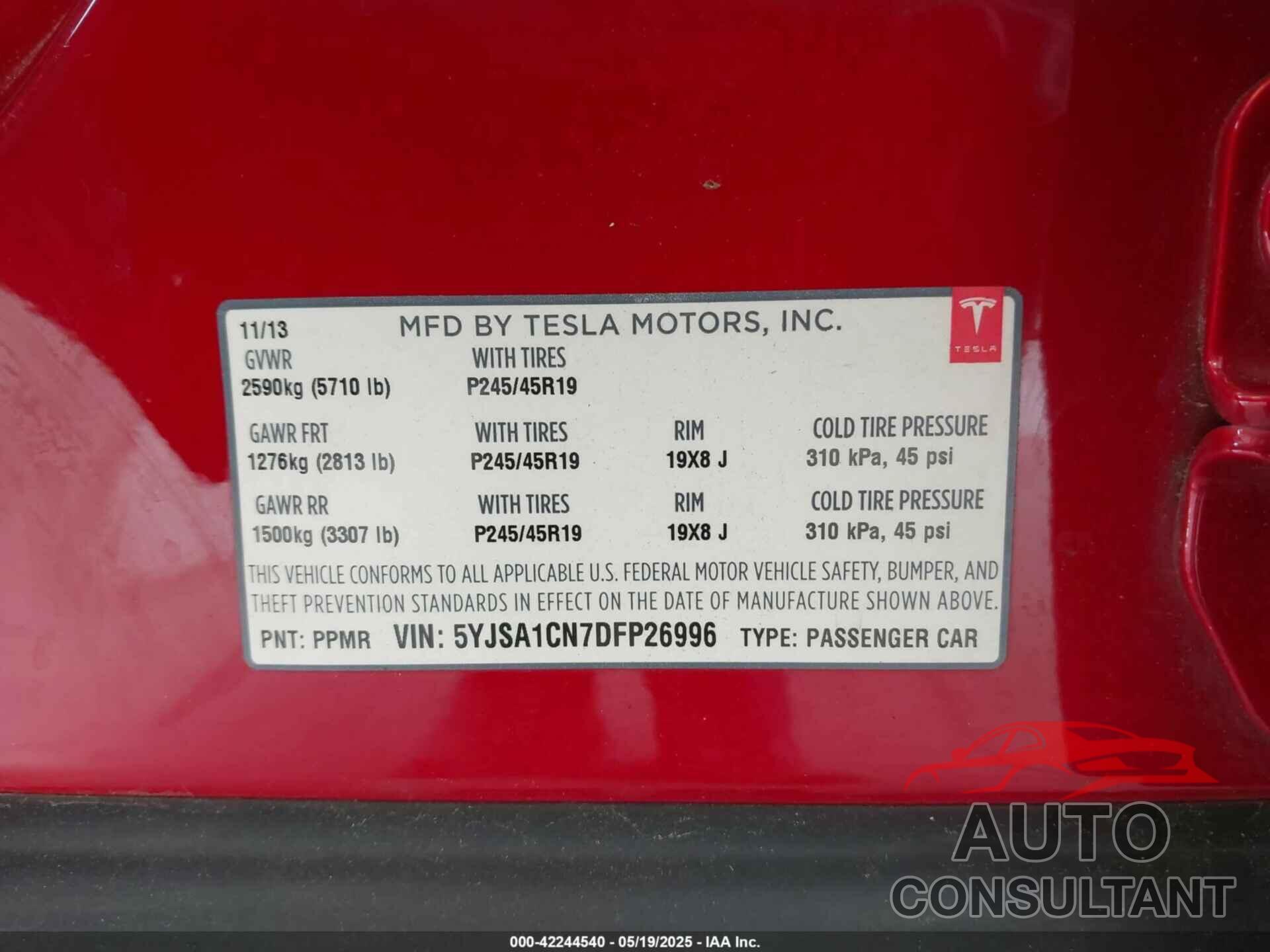 TESLA MODEL S 2013 - 5YJSA1CN7DFP26996