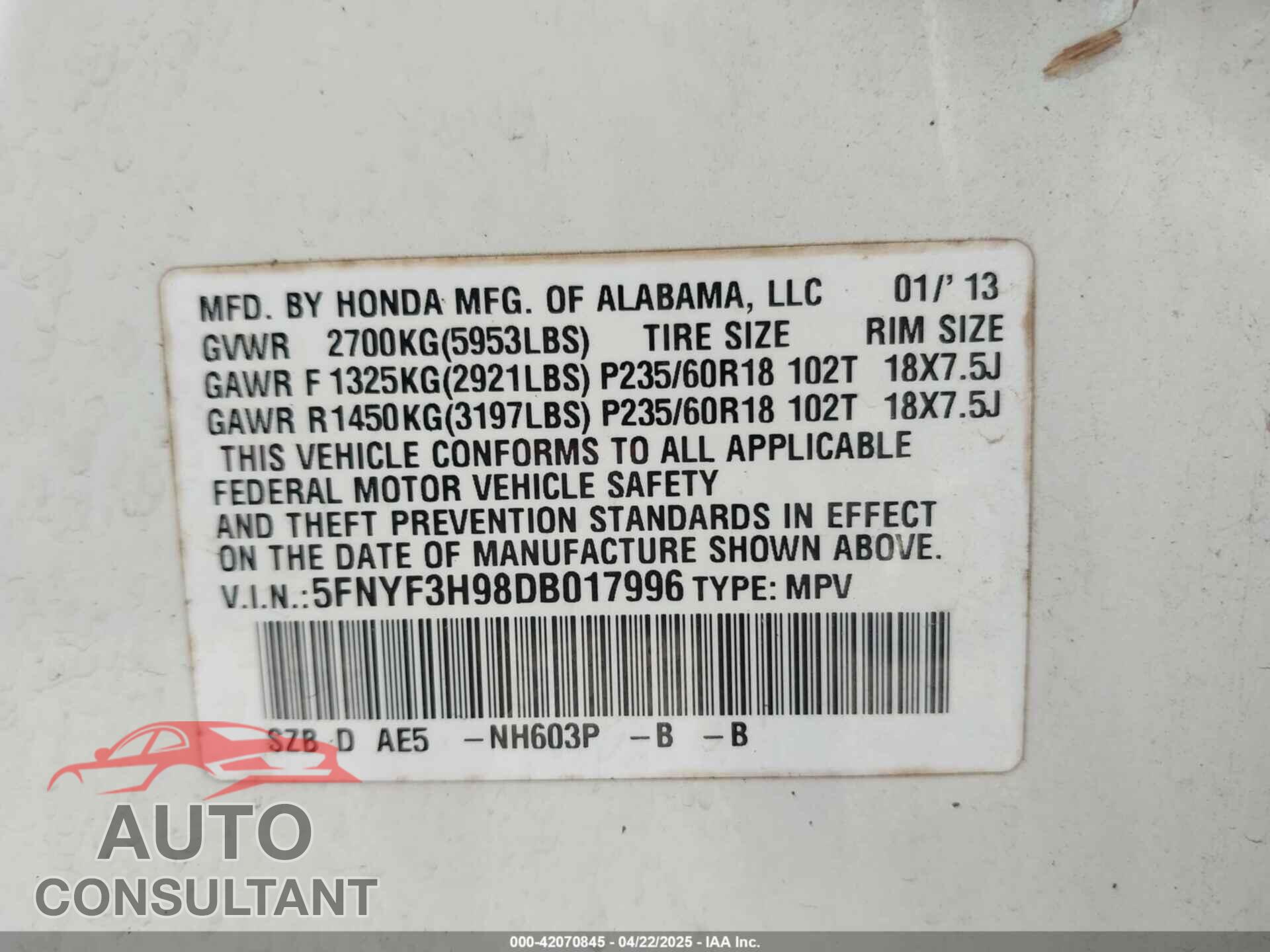 HONDA PILOT 2013 - 5FNYF3H98DB017996