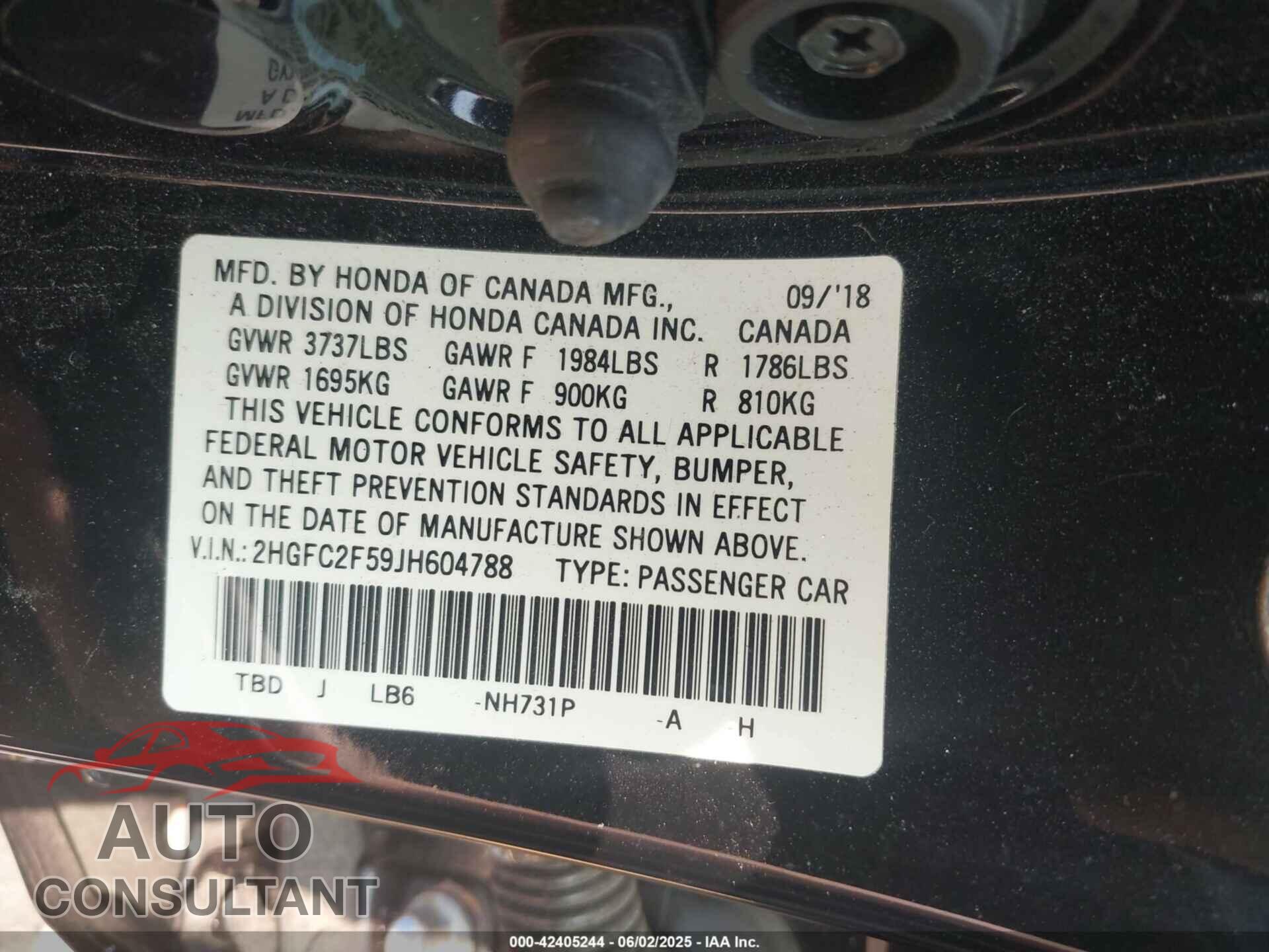 HONDA CIVIC 2018 - 2HGFC2F59JH604788