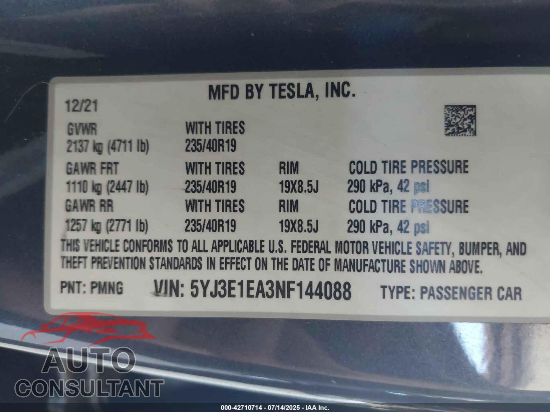 TESLA MODEL 3 2022 - 5YJ3E1EA3NF144088