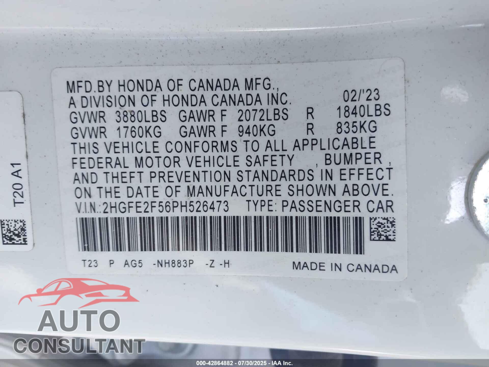 HONDA CIVIC 2023 - 2HGFE2F56PH526473