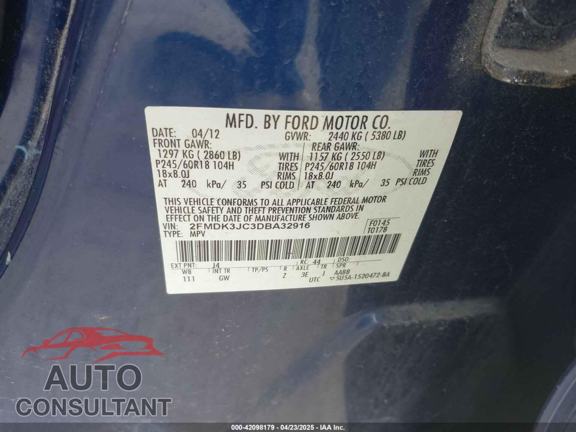 FORD EDGE 2013 - 2FMDK3JC3DBA32916