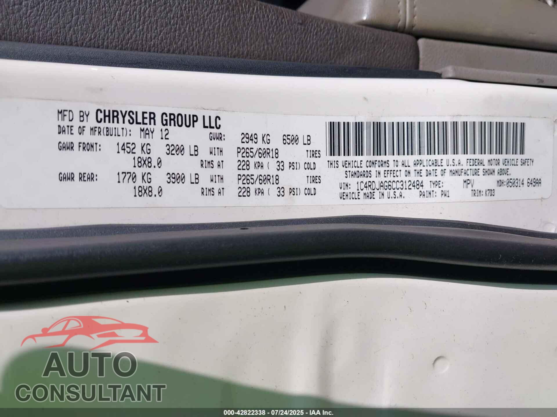 DODGE DURANGO 2012 - 1C4RDJAG6CC312484