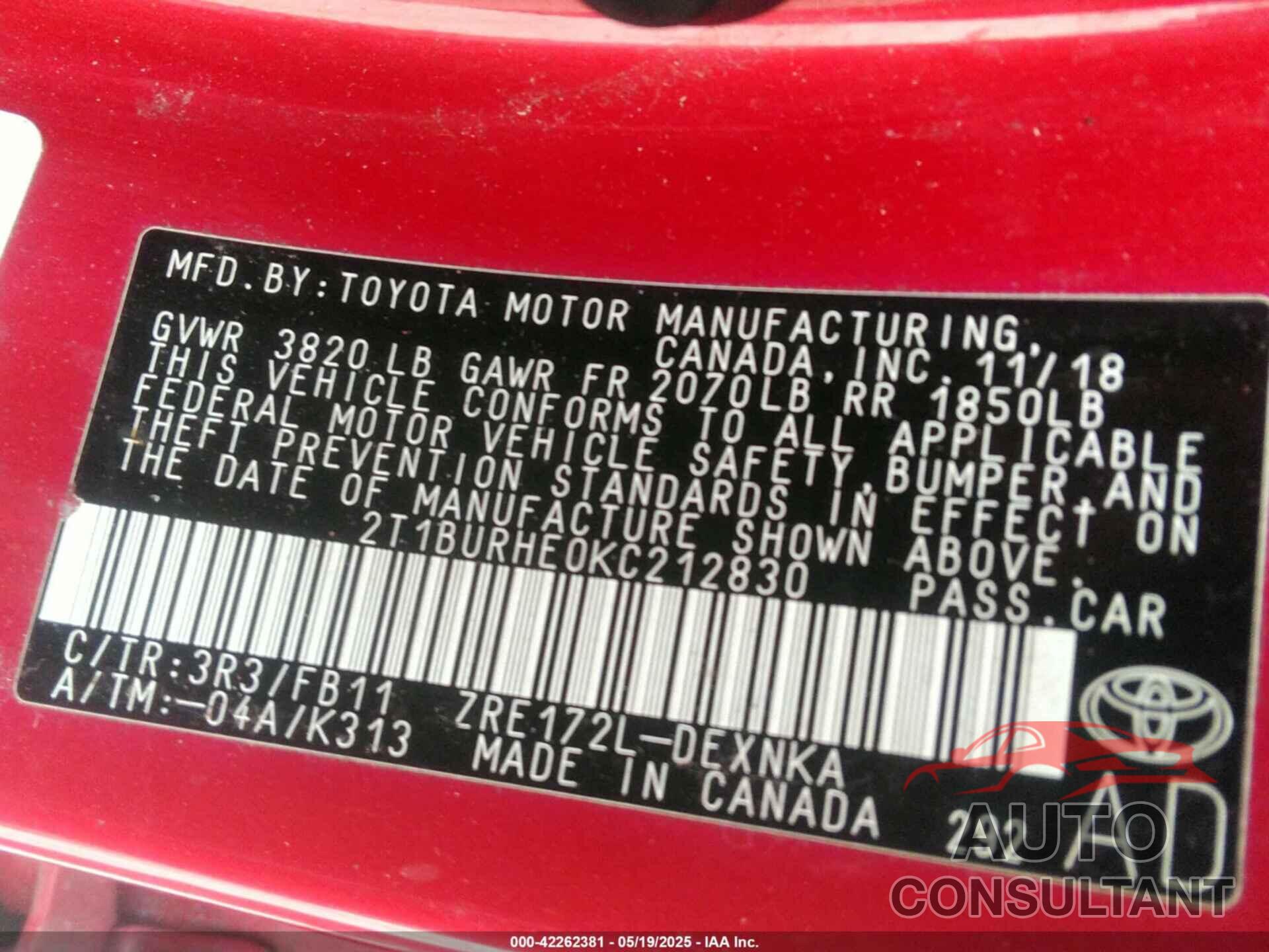 TOYOTA COROLLA 2019 - 2T1BURHE0KC212830