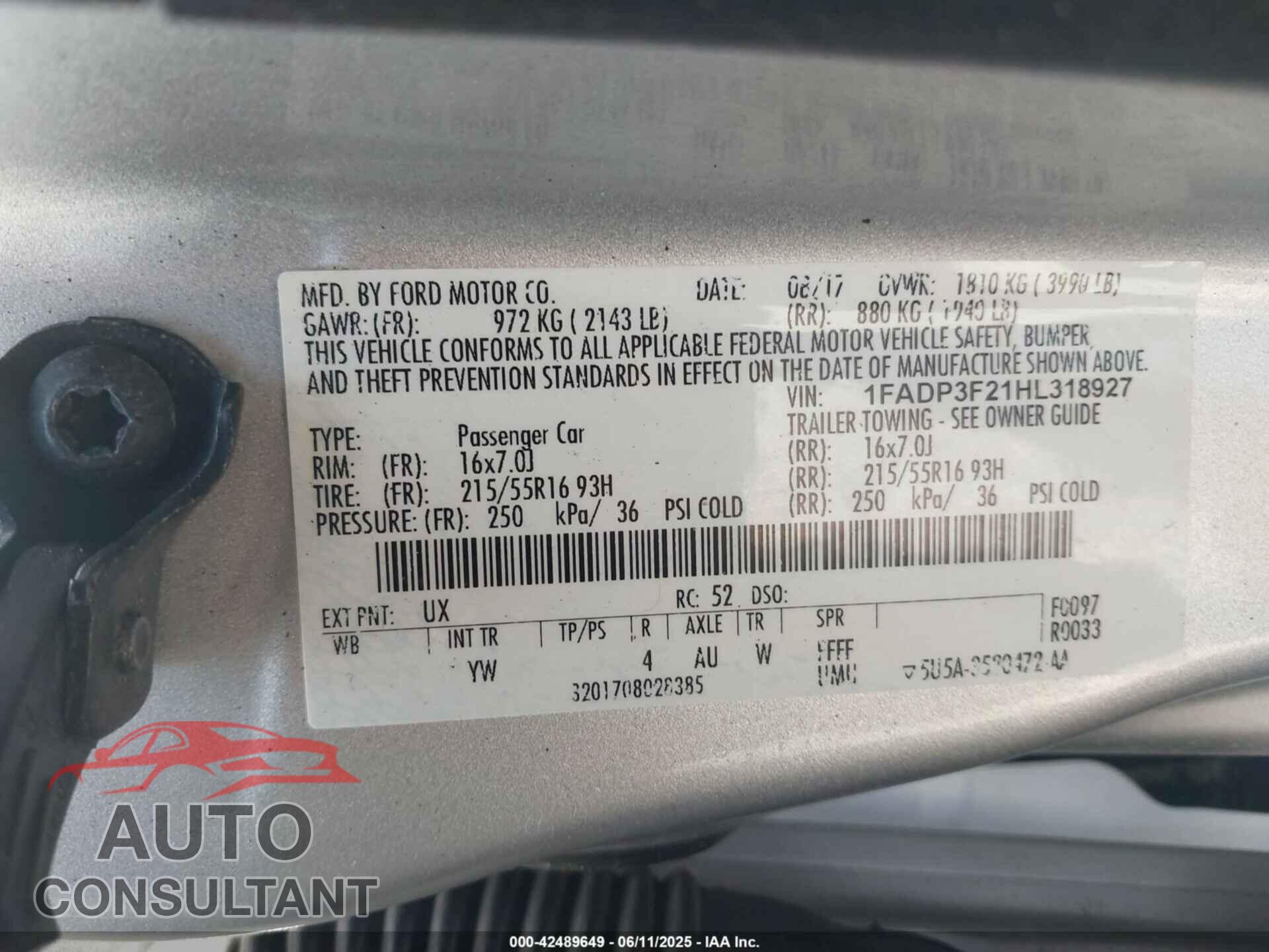 FORD FOCUS 2017 - 1FADP3F21HL318927