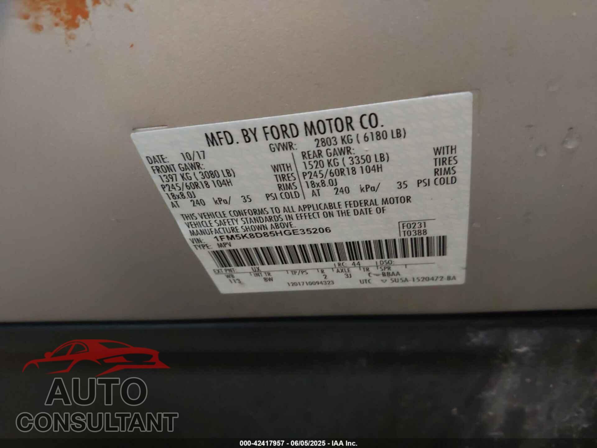 FORD EXPLORER 2017 - 1FM5K8D85HGE35206