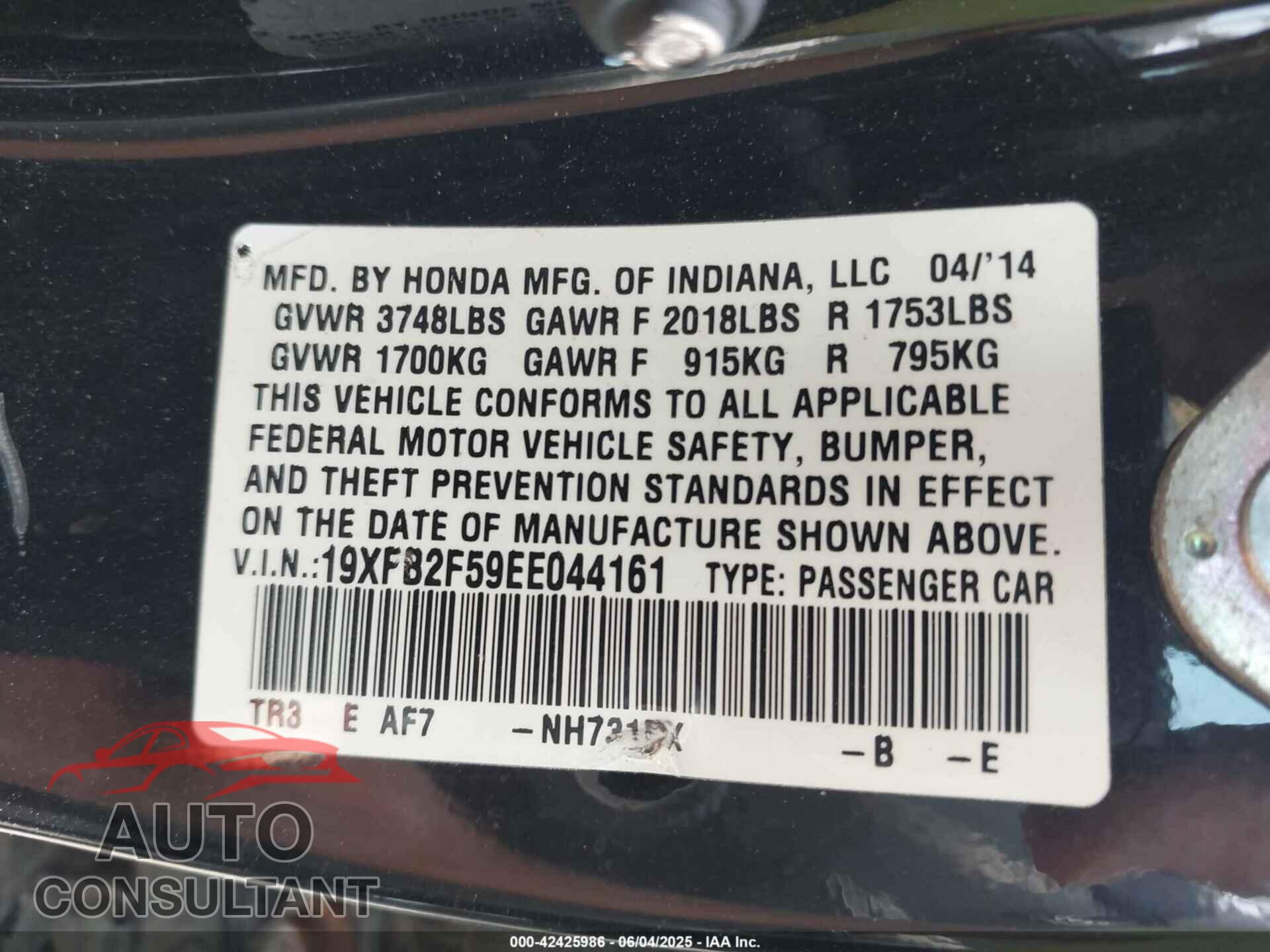 HONDA CIVIC 2014 - 19XFB2F59EE044161