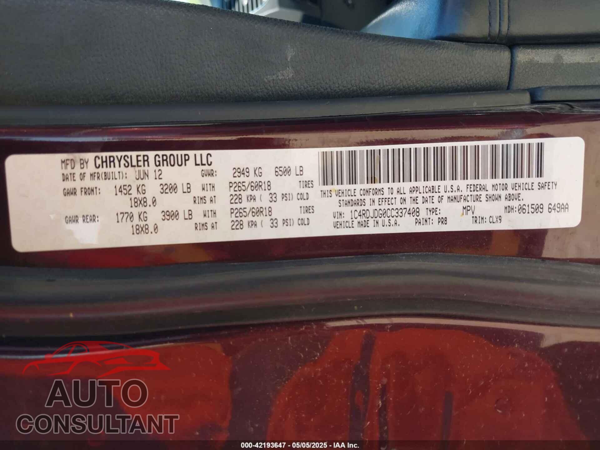 DODGE DURANGO 2012 - 1C4RDJDG0CC337408
