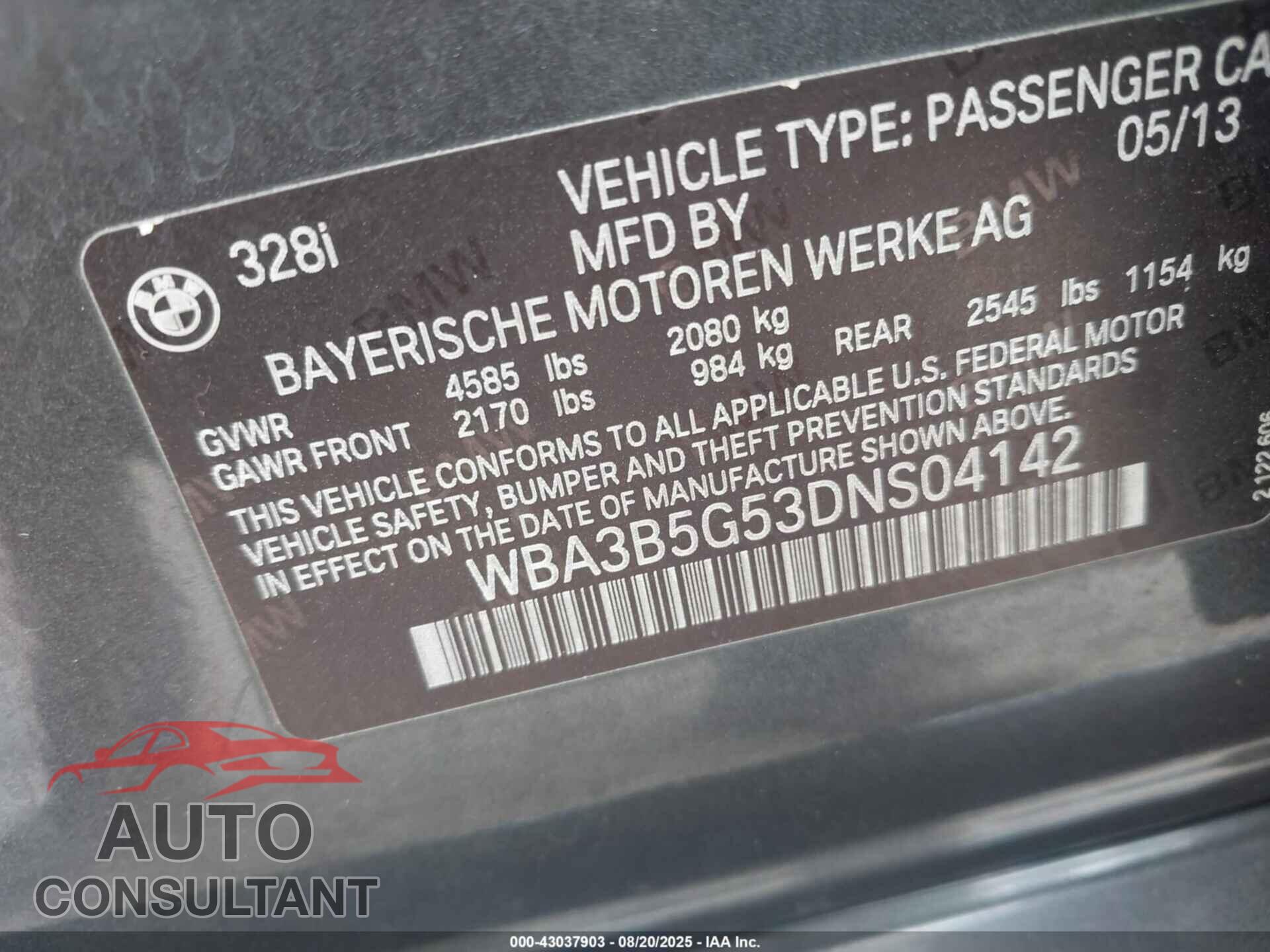 BMW 328I 2013 - WBA3B5G53DNS04142