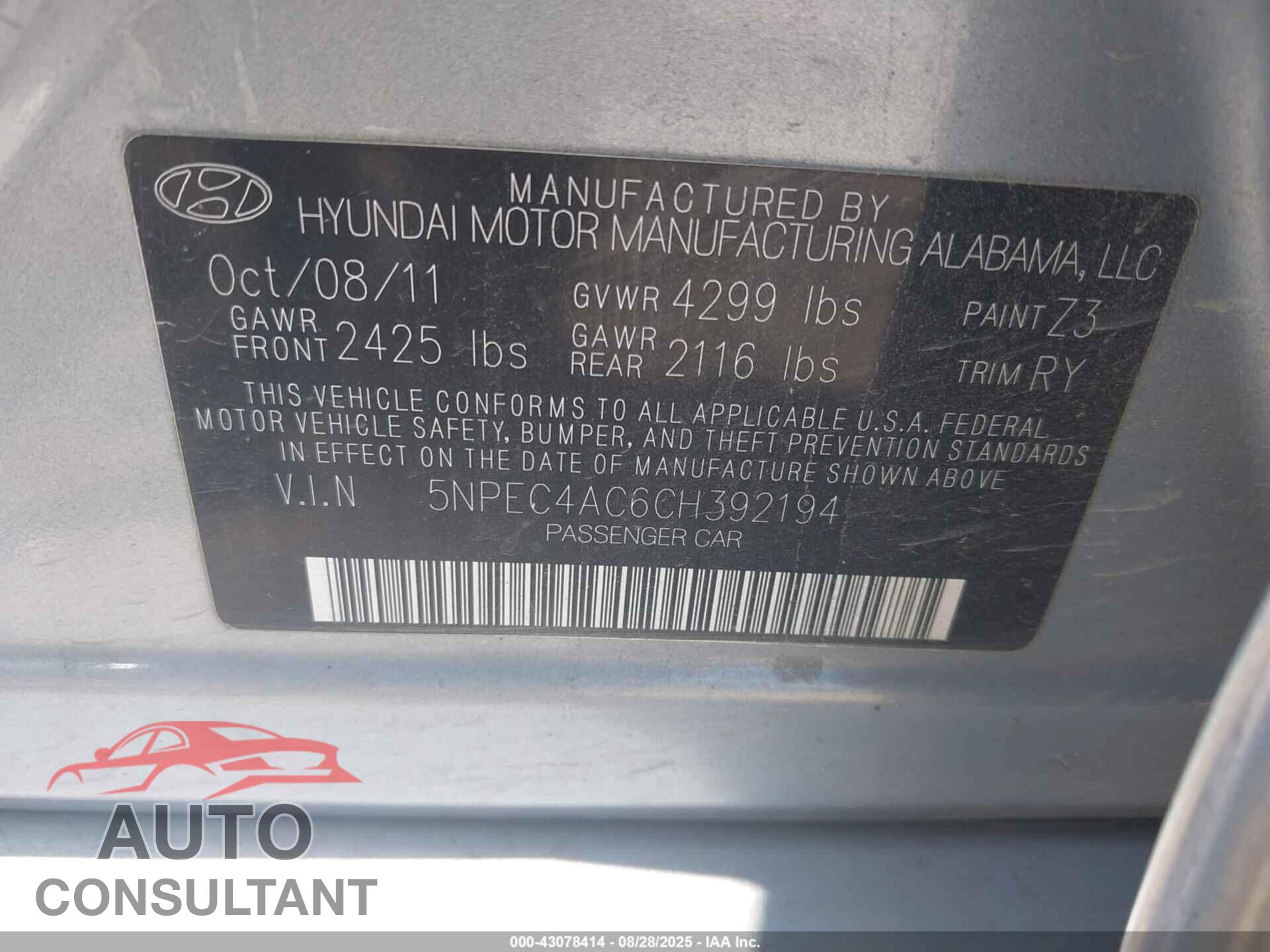 HYUNDAI SONATA 2012 - 5NPEC4AC6CH392194