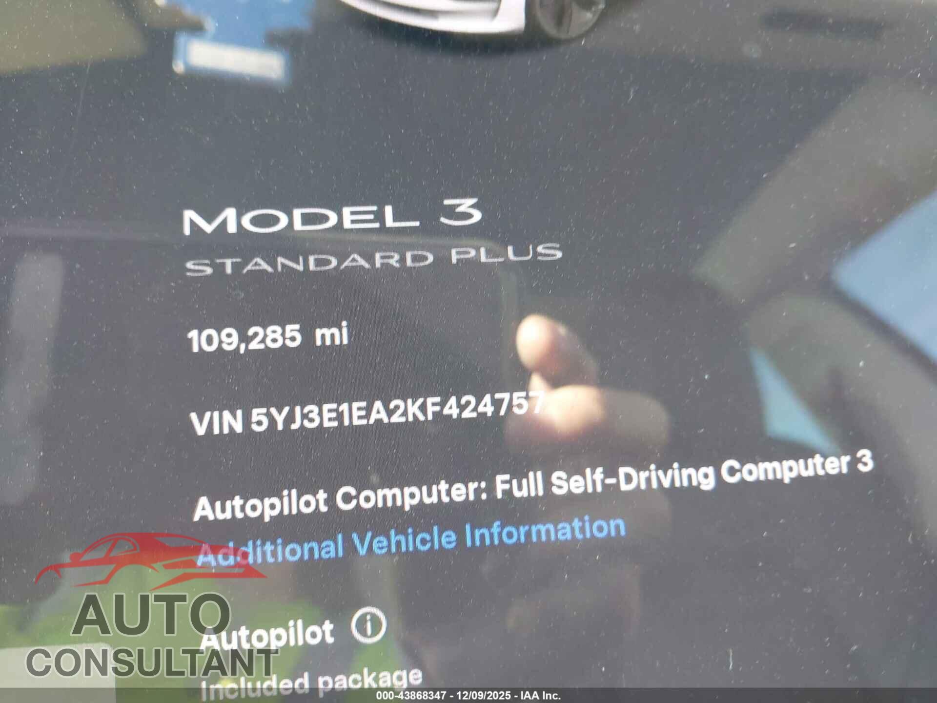 TESLA MODEL 3 2019 - 5YJ3E1EA2KF424757