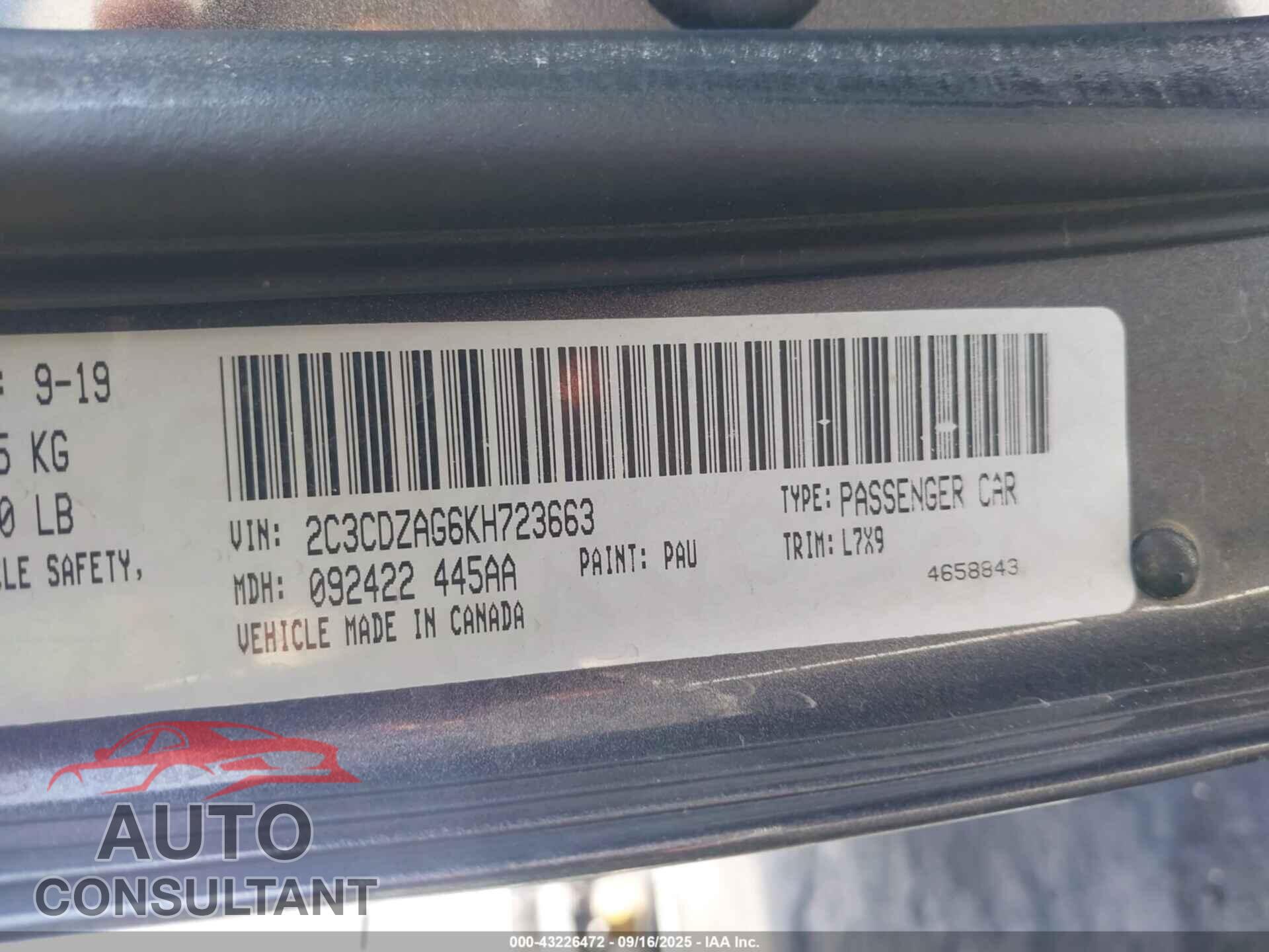 DODGE CHALLENGER 2019 - 2C3CDZAG6KH723663