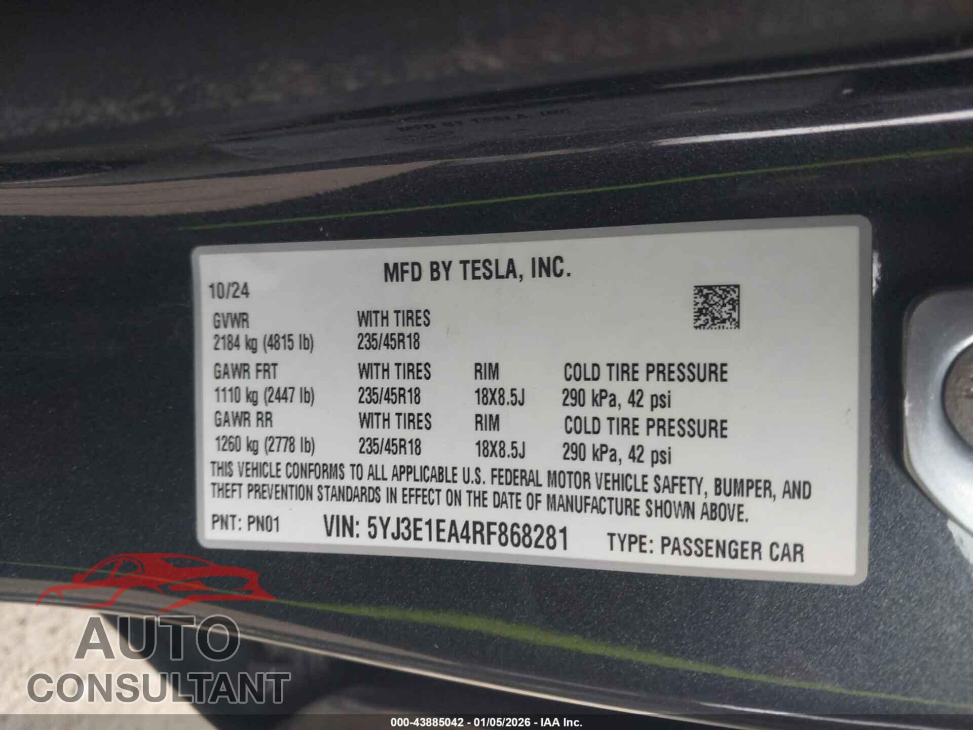 TESLA MODEL 3 2024 - 5YJ3E1EA4RF868281