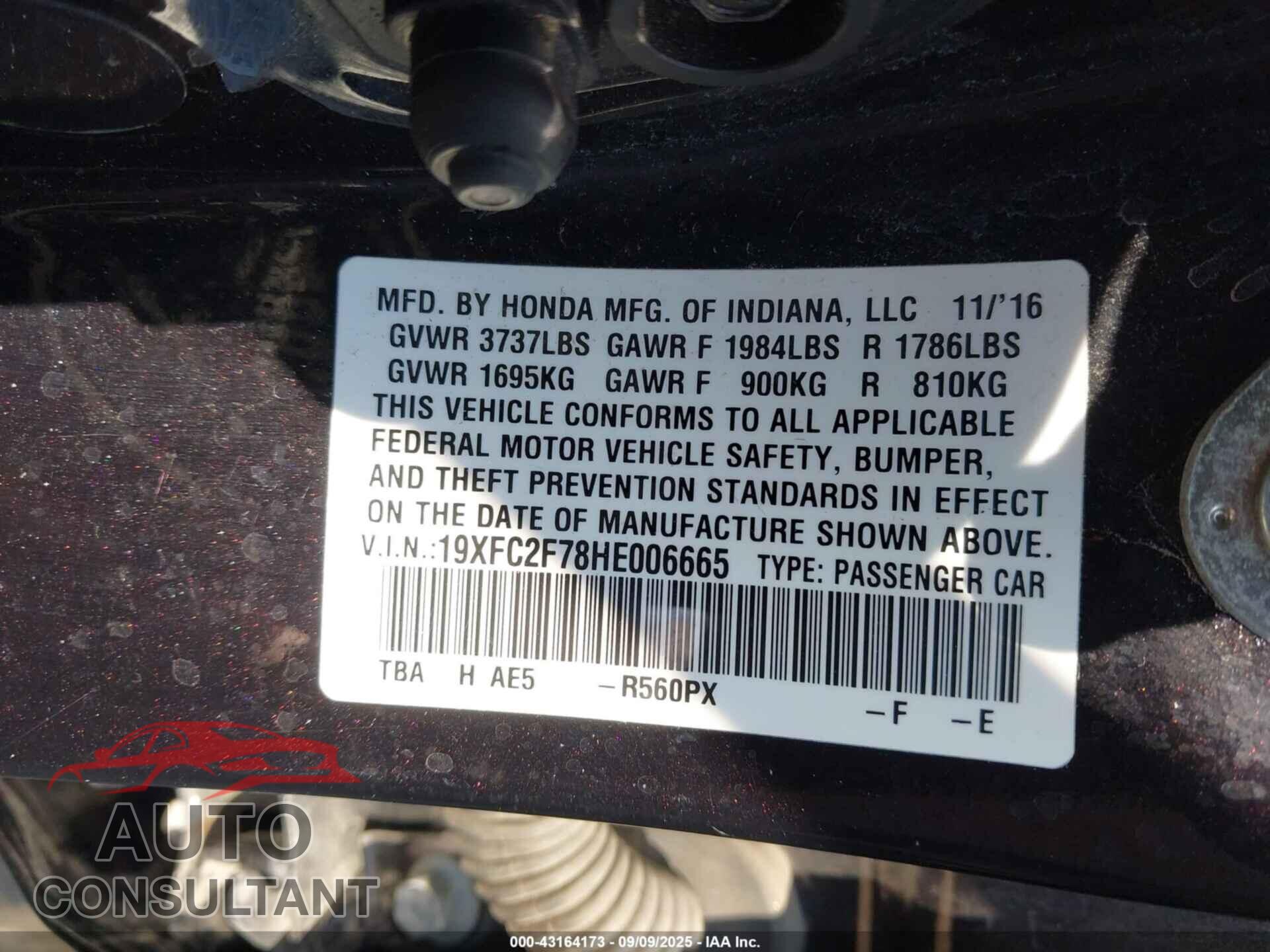 HONDA CIVIC 2017 - 19XFC2F78HE006665