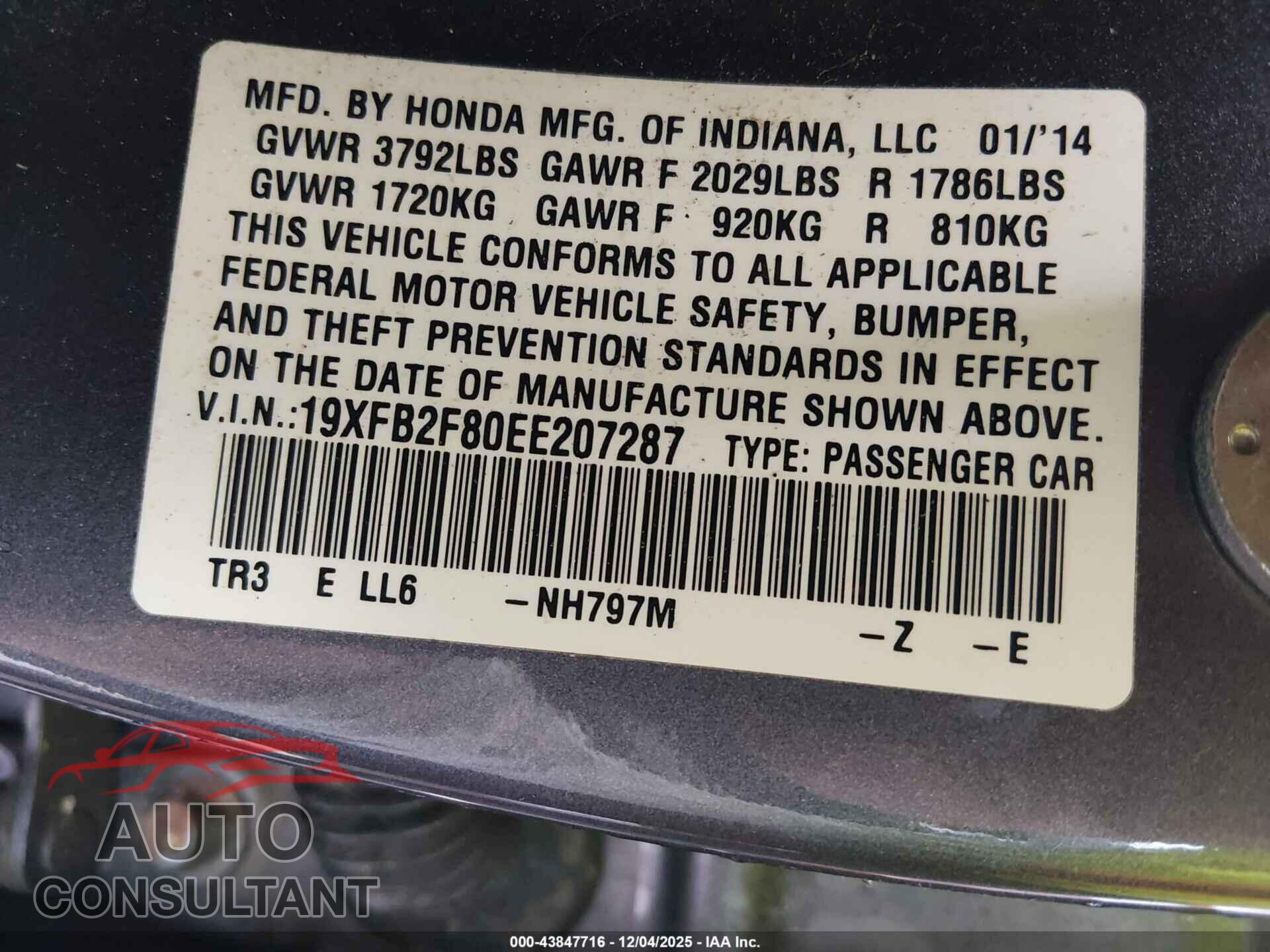 HONDA CIVIC 2014 - 19XFB2F80EE207287