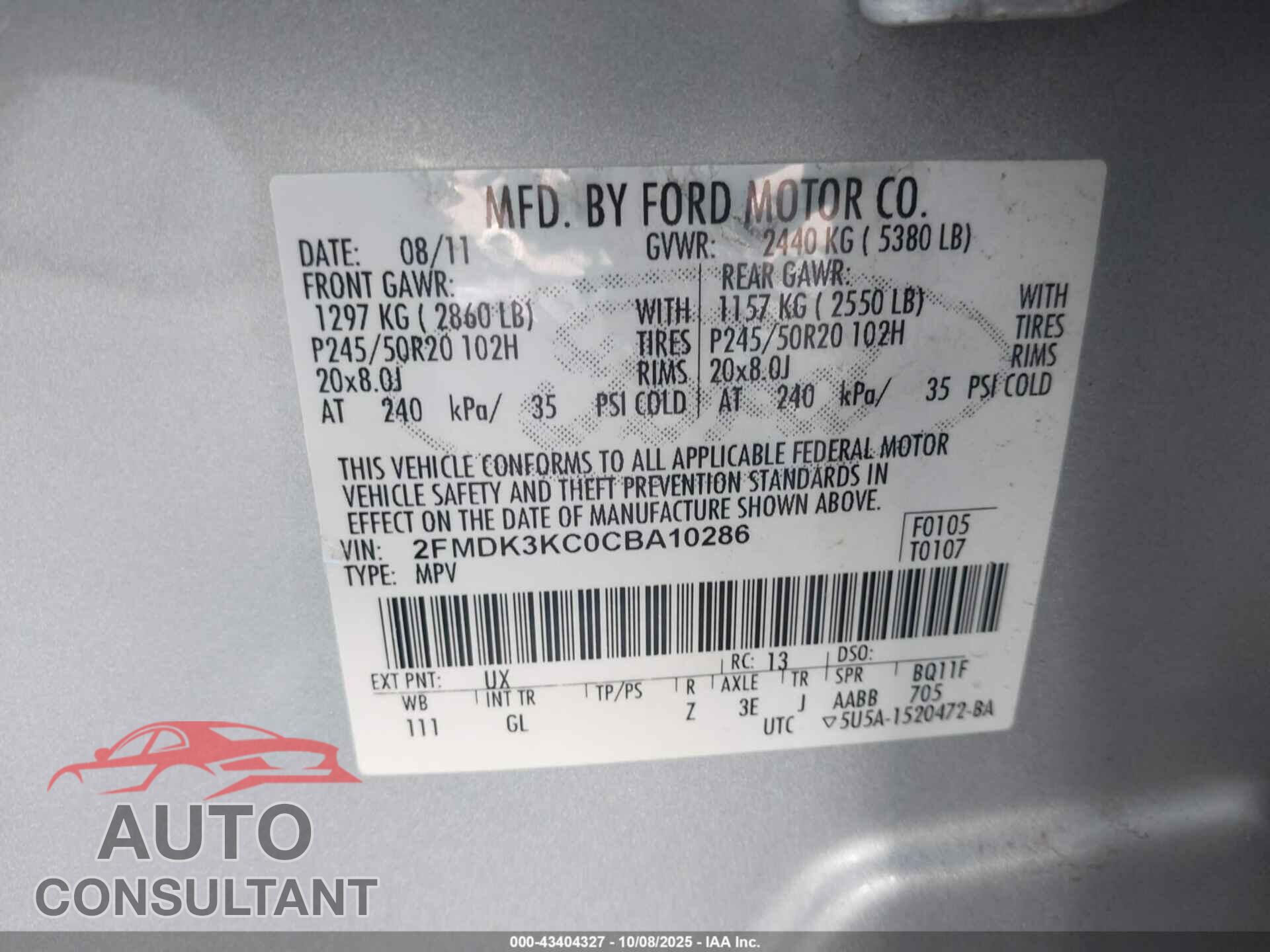 FORD EDGE 2012 - 2FMDK3KC0CBA10286