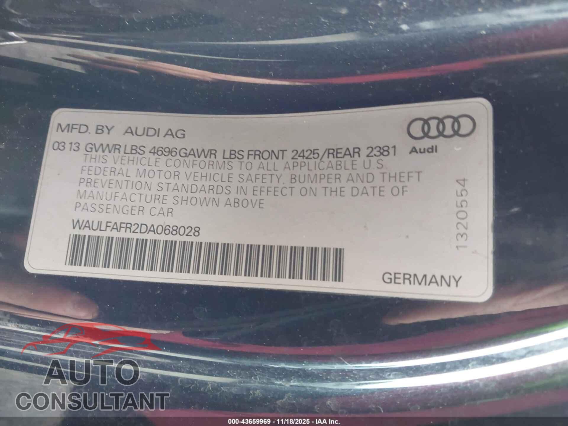 AUDI A5 2013 - WAULFAFR2DA068028