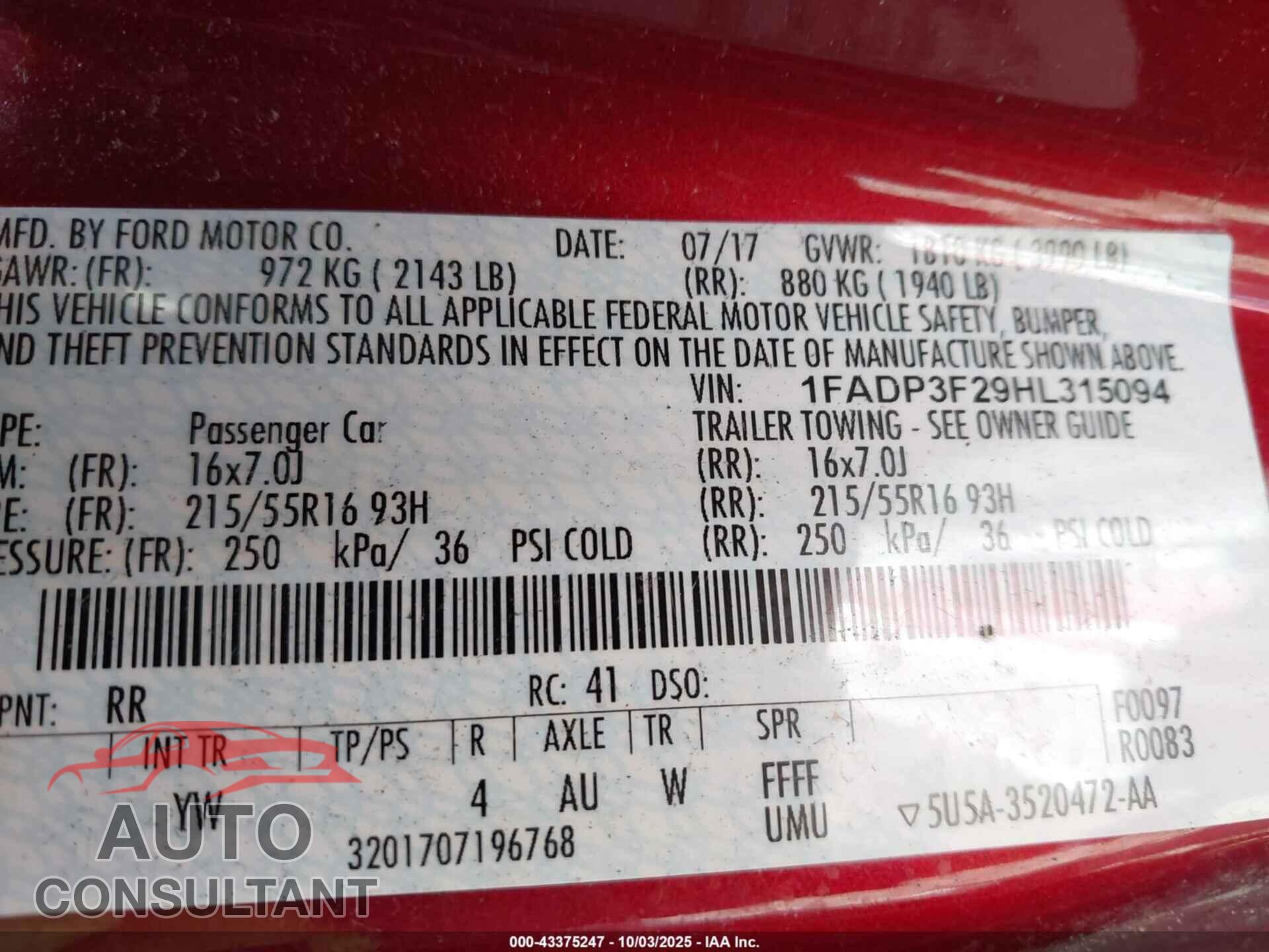 FORD FOCUS 2017 - 1FADP3F29HL315094