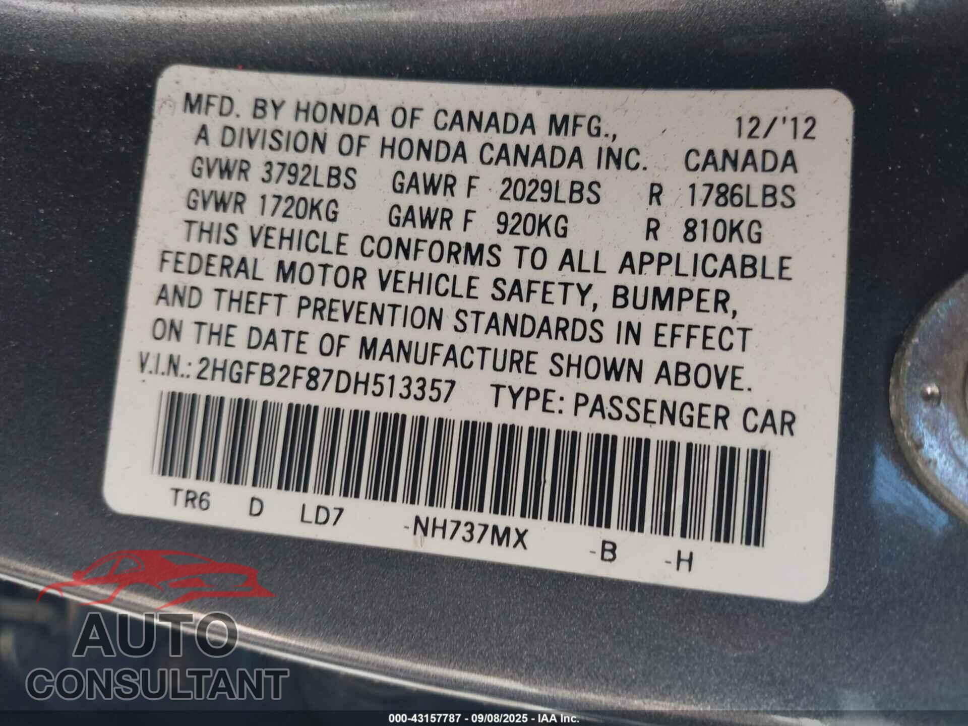 HONDA CIVIC 2013 - 2HGFB2F87DH513357