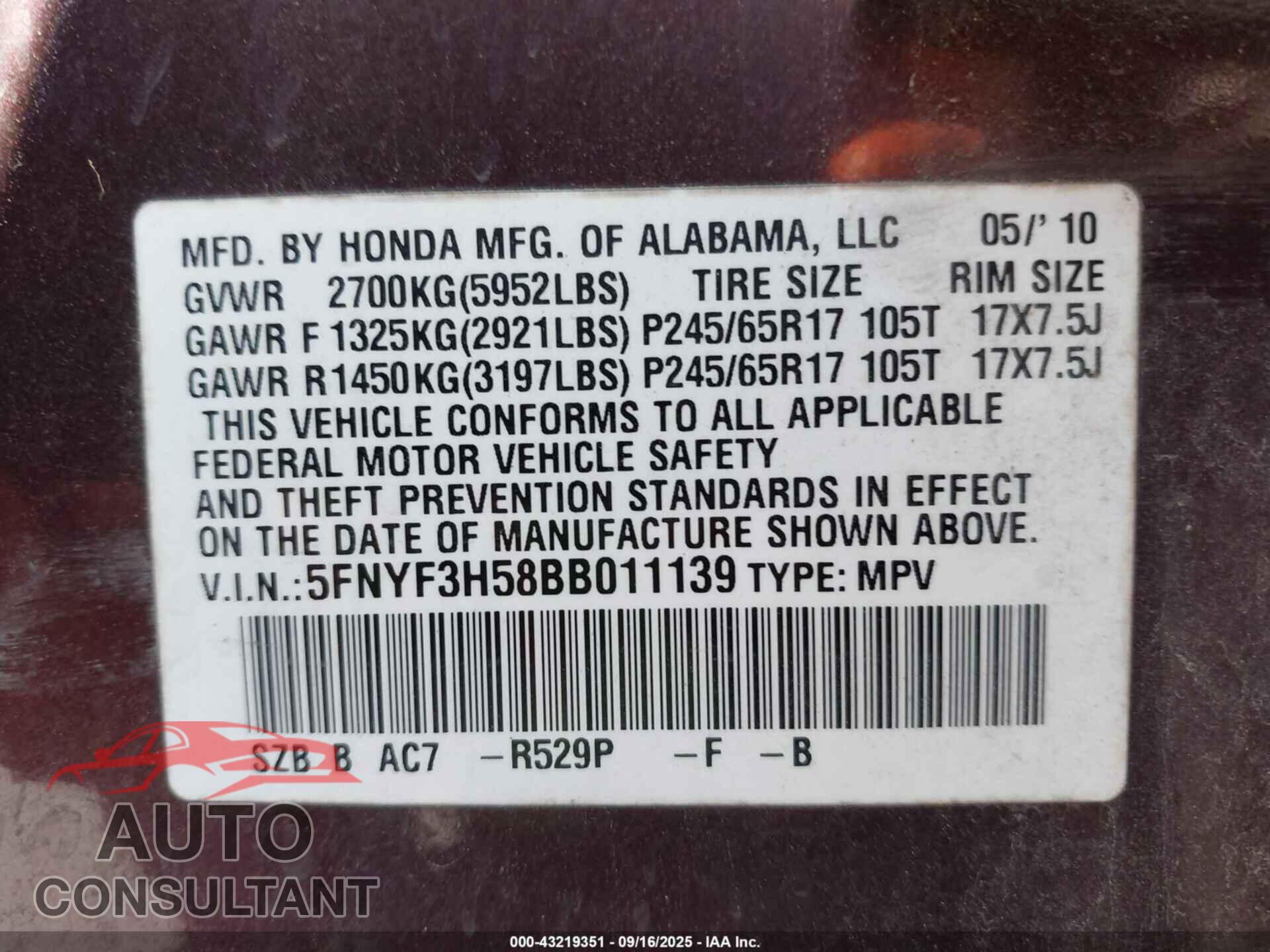 HONDA PILOT 2011 - 5FNYF3H58BB011139