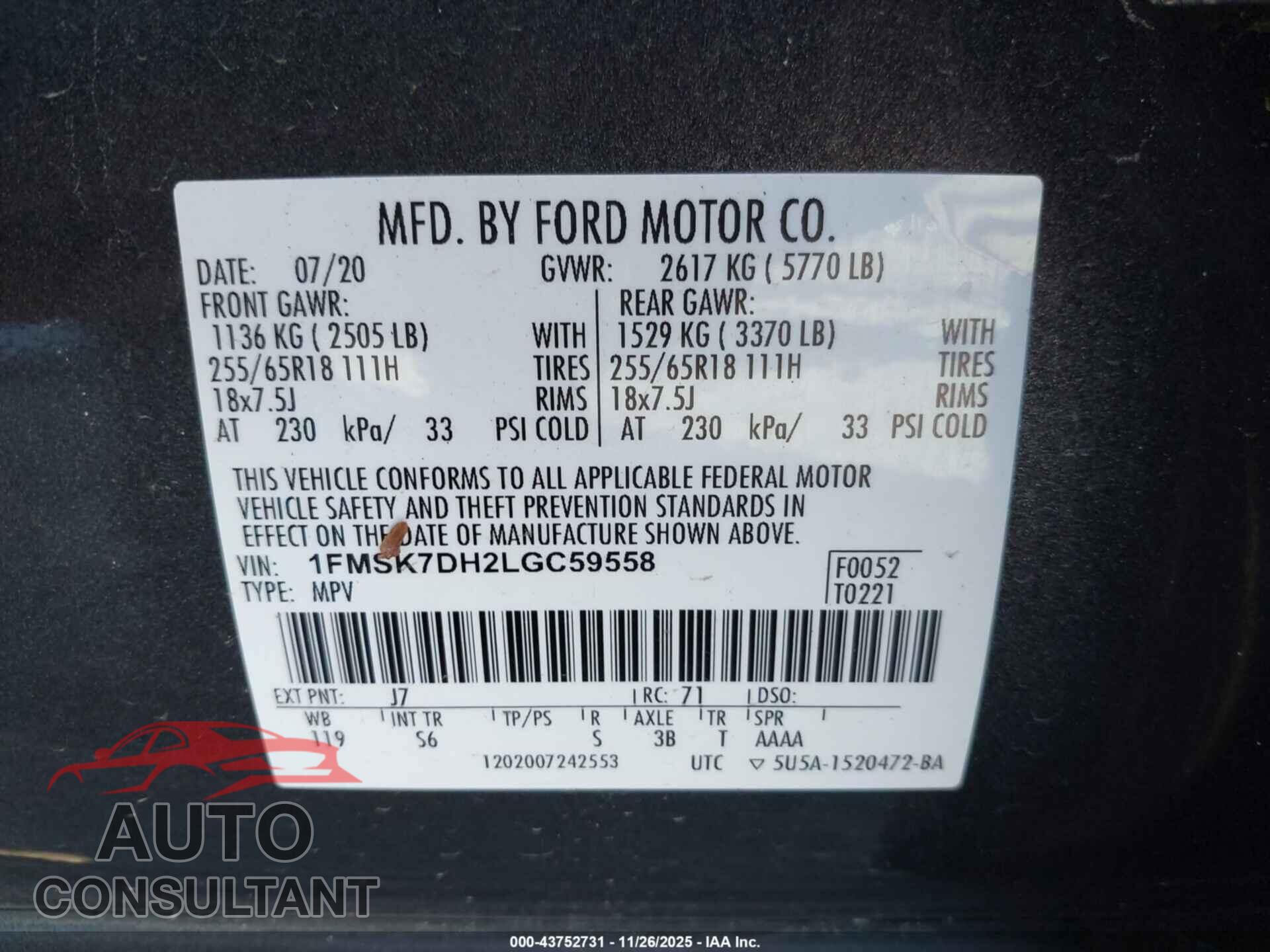 FORD EXPLORER 2020 - 1FMSK7DH2LGC59558