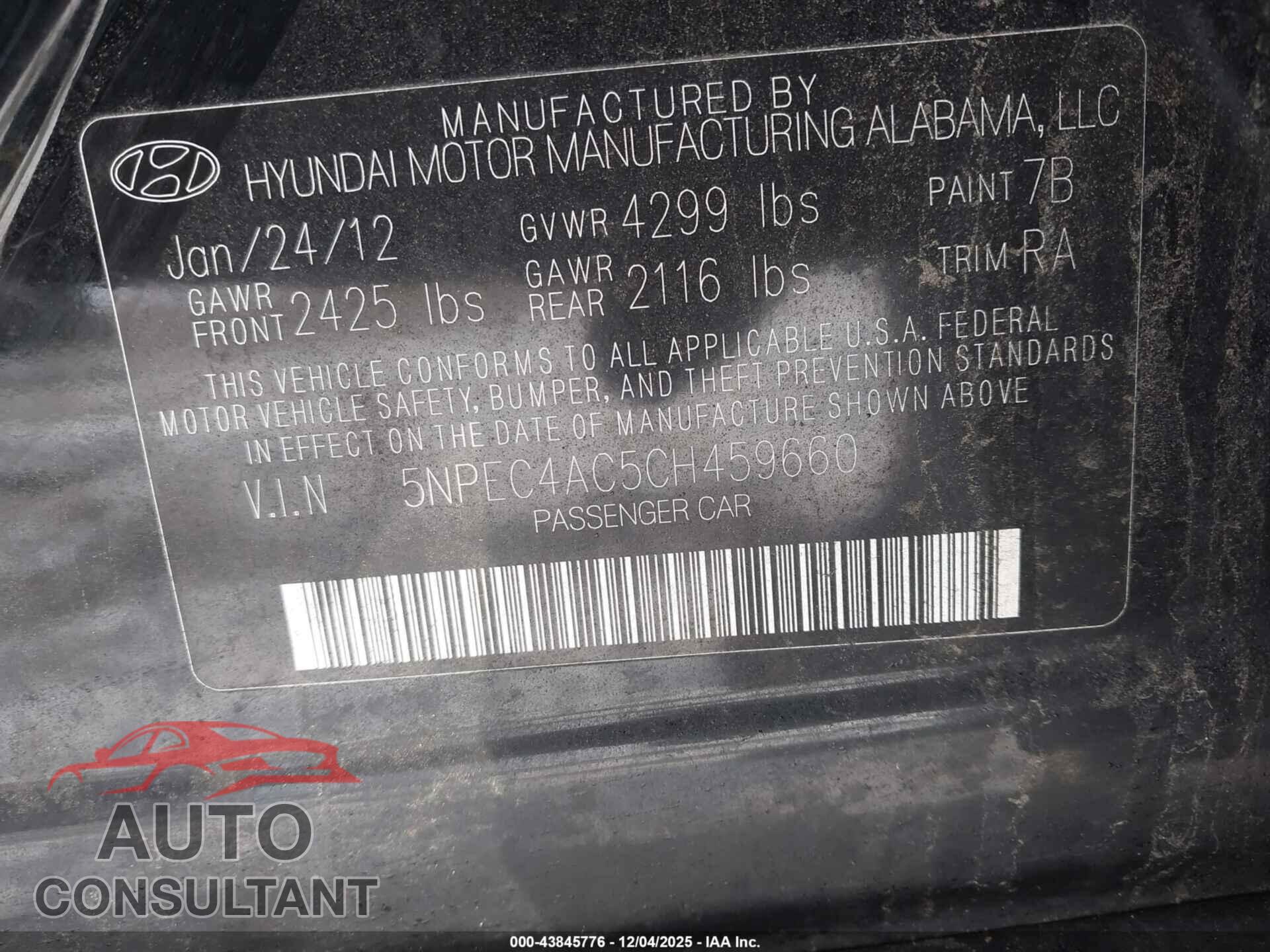 HYUNDAI SONATA 2012 - 5NPEC4AC5CH459660
