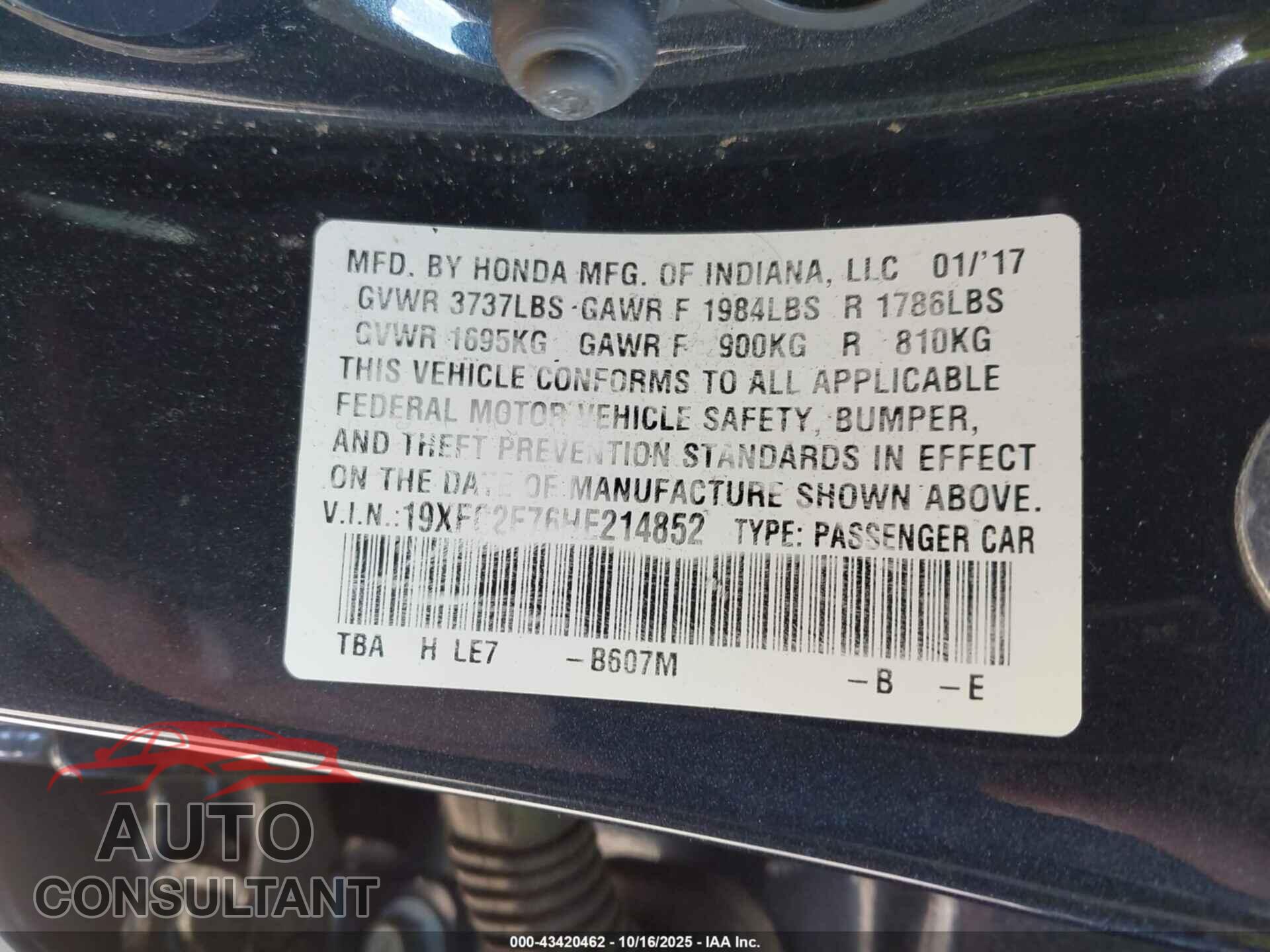 HONDA CIVIC 2017 - 19XFC2F76HE214852