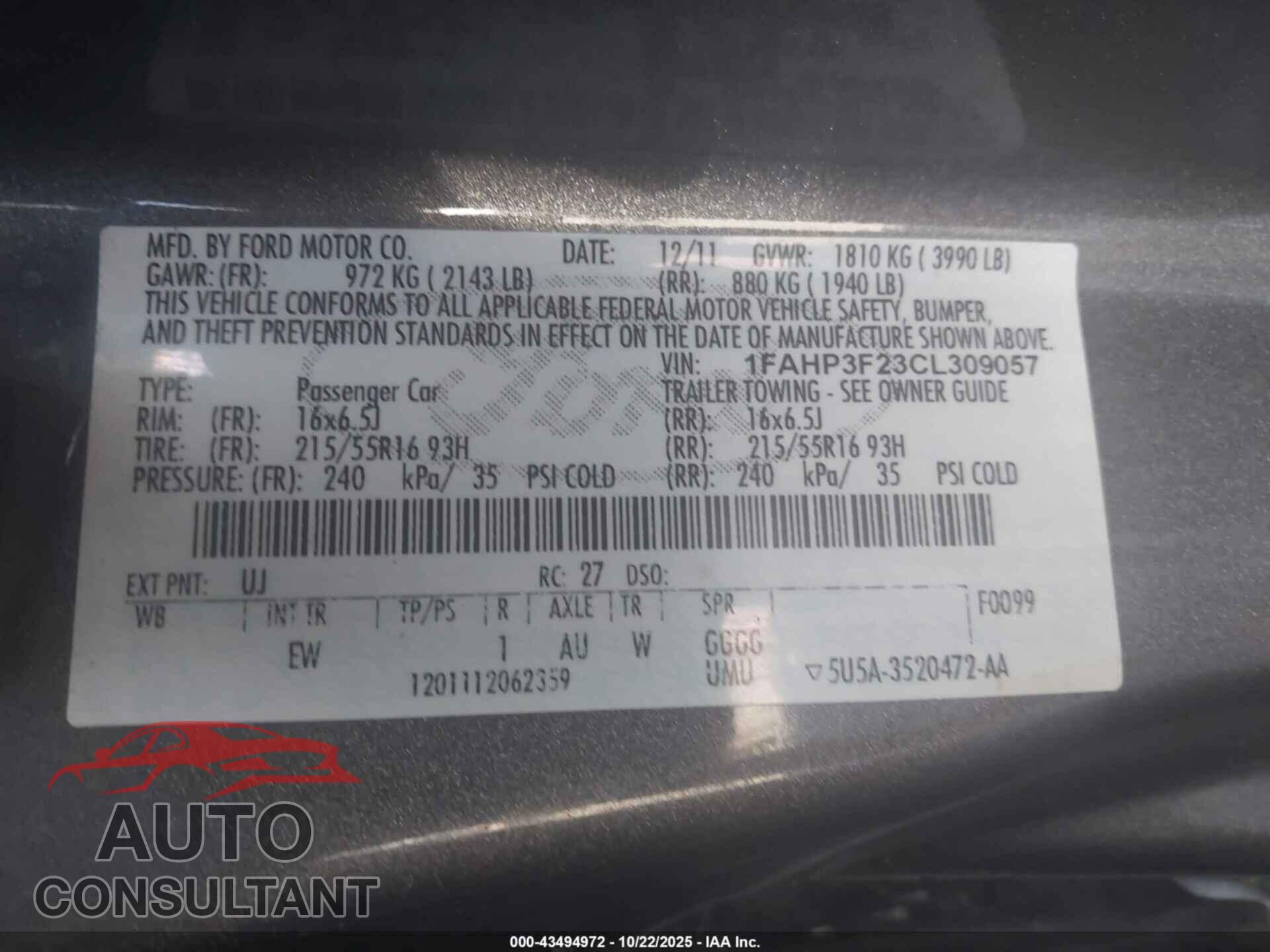 FORD FOCUS 2012 - 1FAHP3F23CL309057