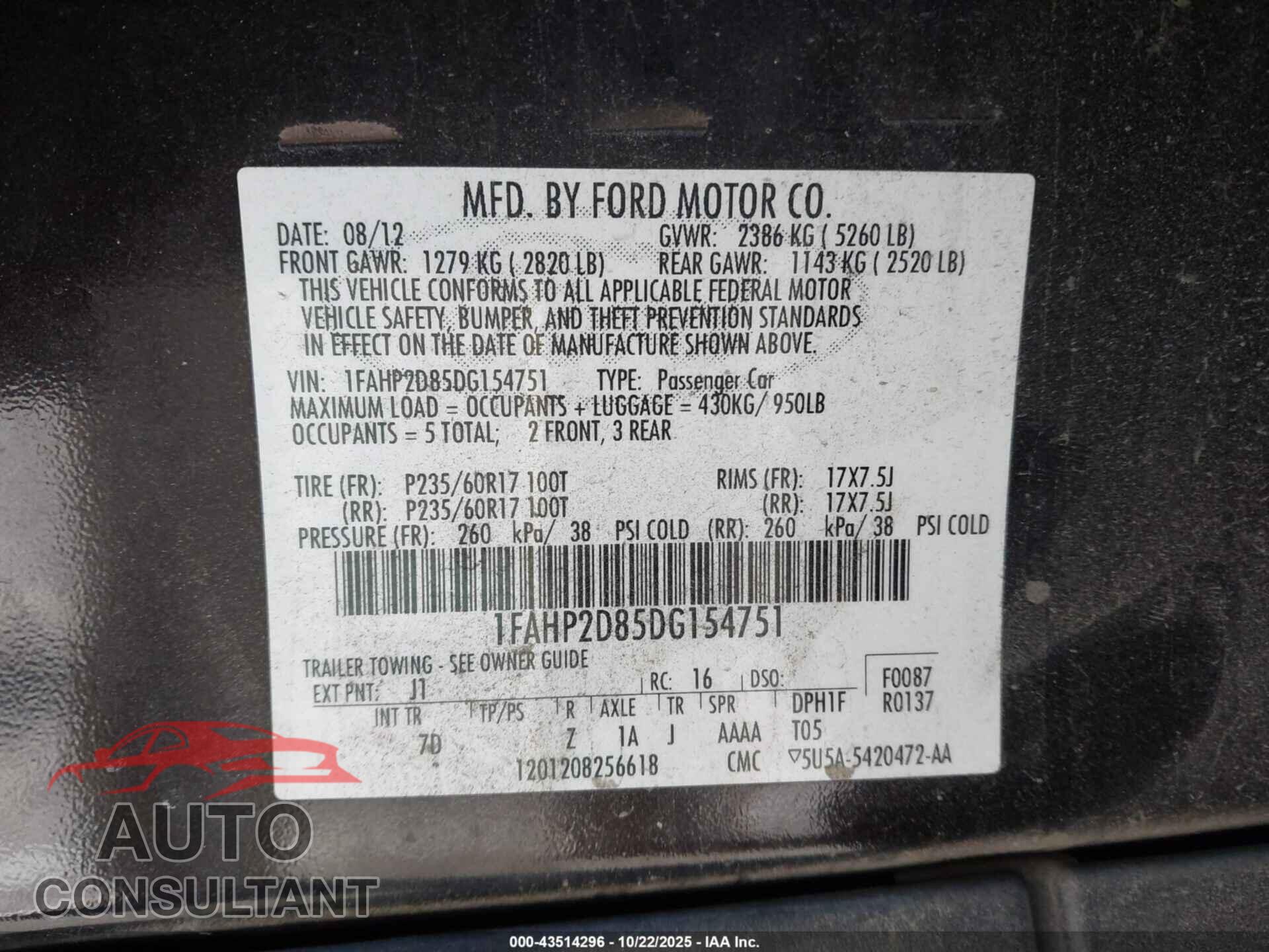 FORD TAURUS 2013 - 1FAHP2D85DG154751