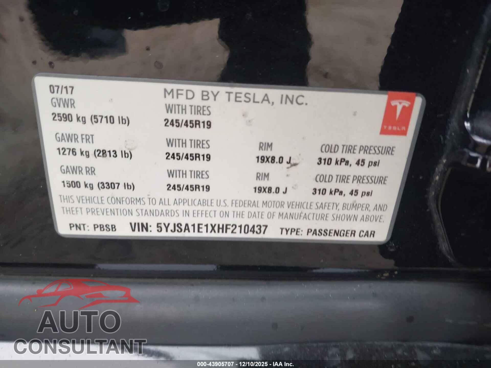 TESLA MODEL S 2017 - 5YJSA1E1XHF210437
