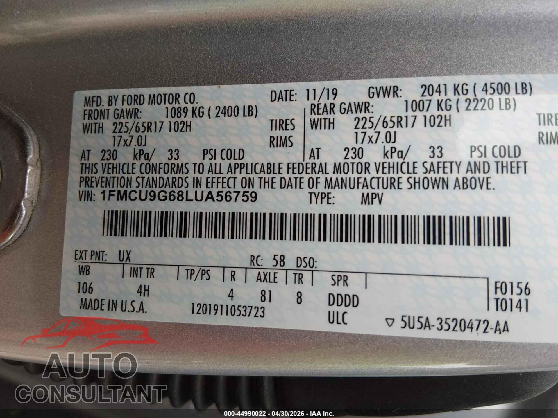 FORD ESCAPE 2020 - 1FMCU9G68LUA56759