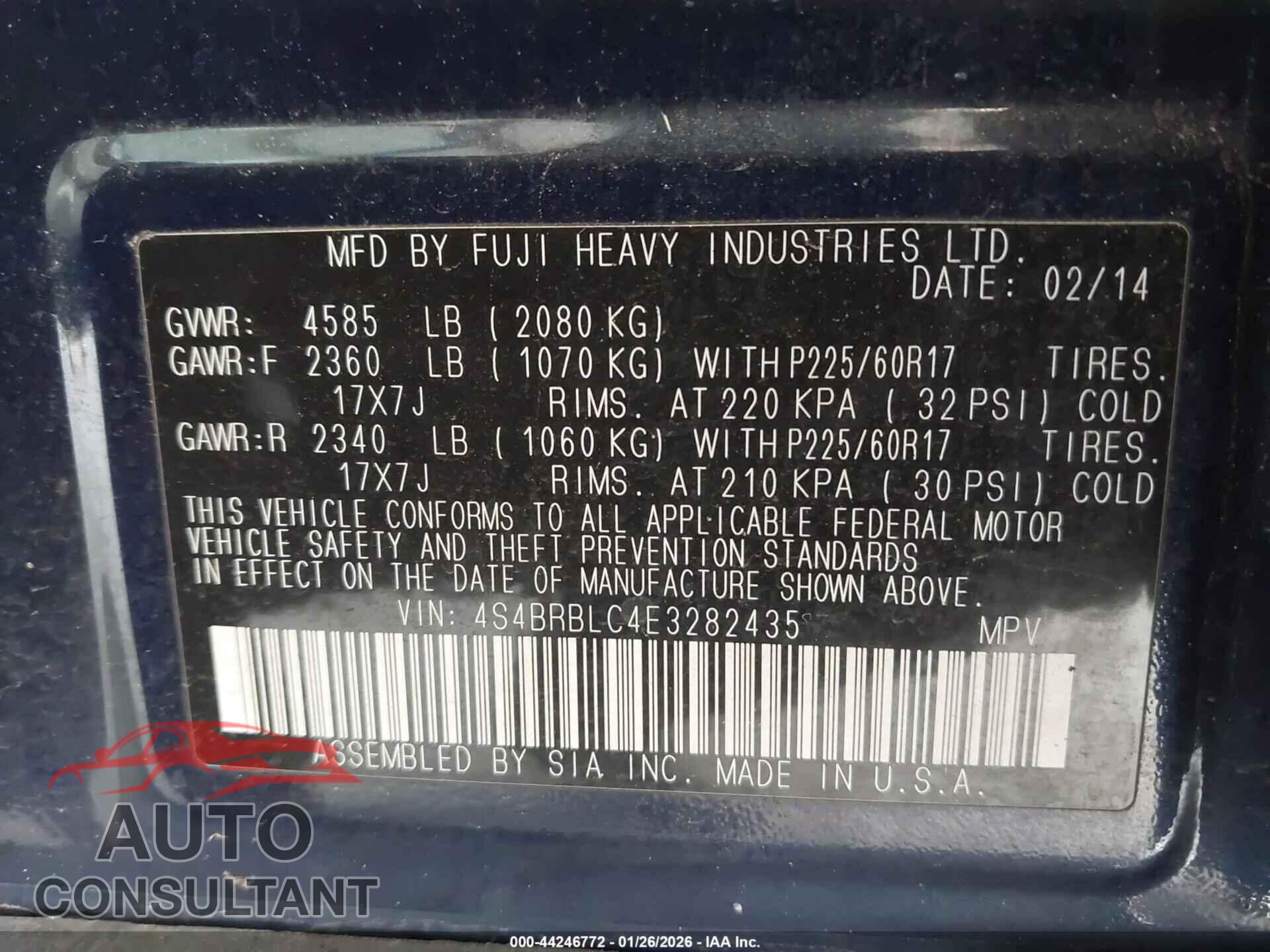 SUBARU OUTBACK 2014 - 4S4BRBLC4E3282435